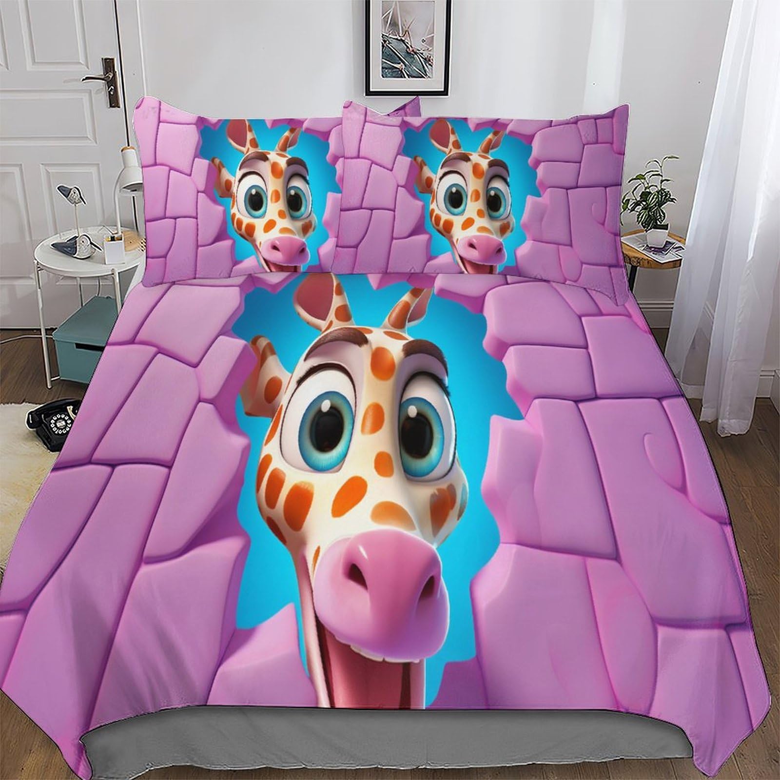 Housse de couette girafe king size 220x240cm avec sa taie d'oreiller microfibre douce