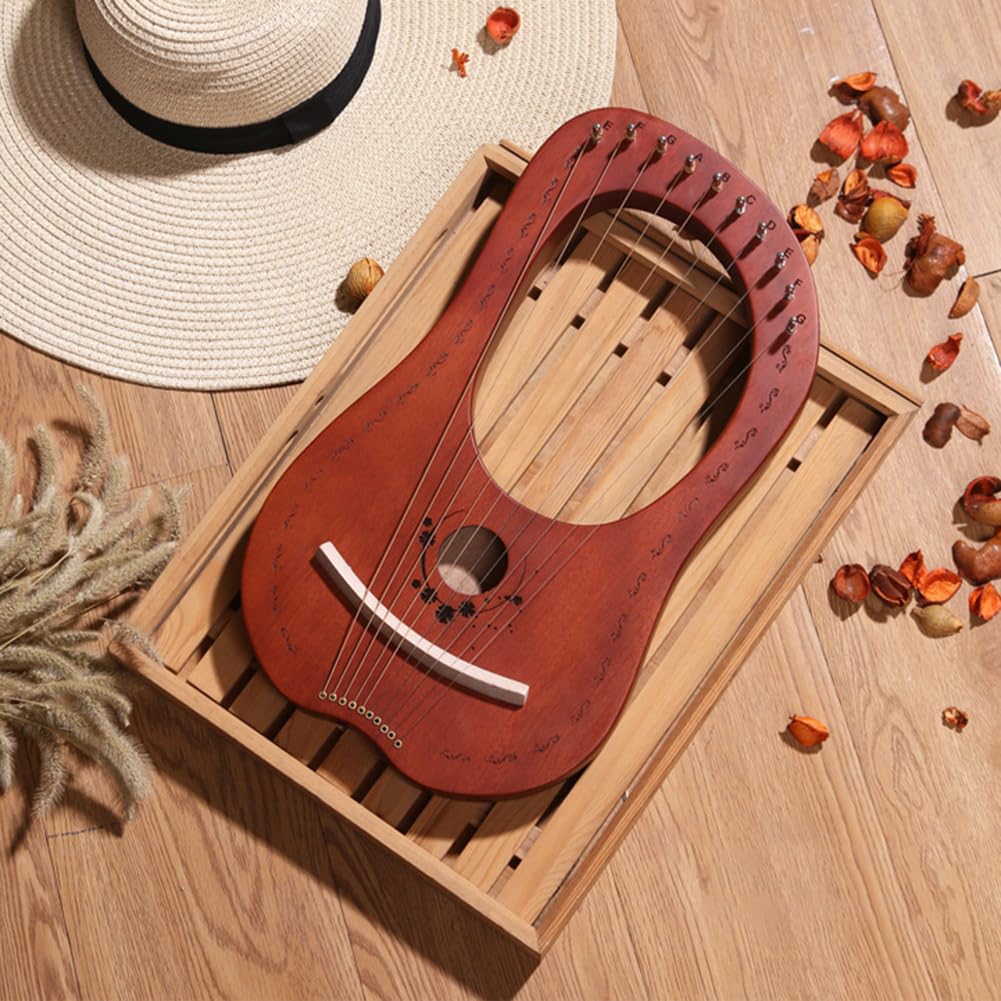 Lyre Harp - Strumento portatile portatile di alta qualità in legno di | mogano con dieci corde in acciaio metallico, strumento folk musicale a corda compatta | Musica celtica pratica