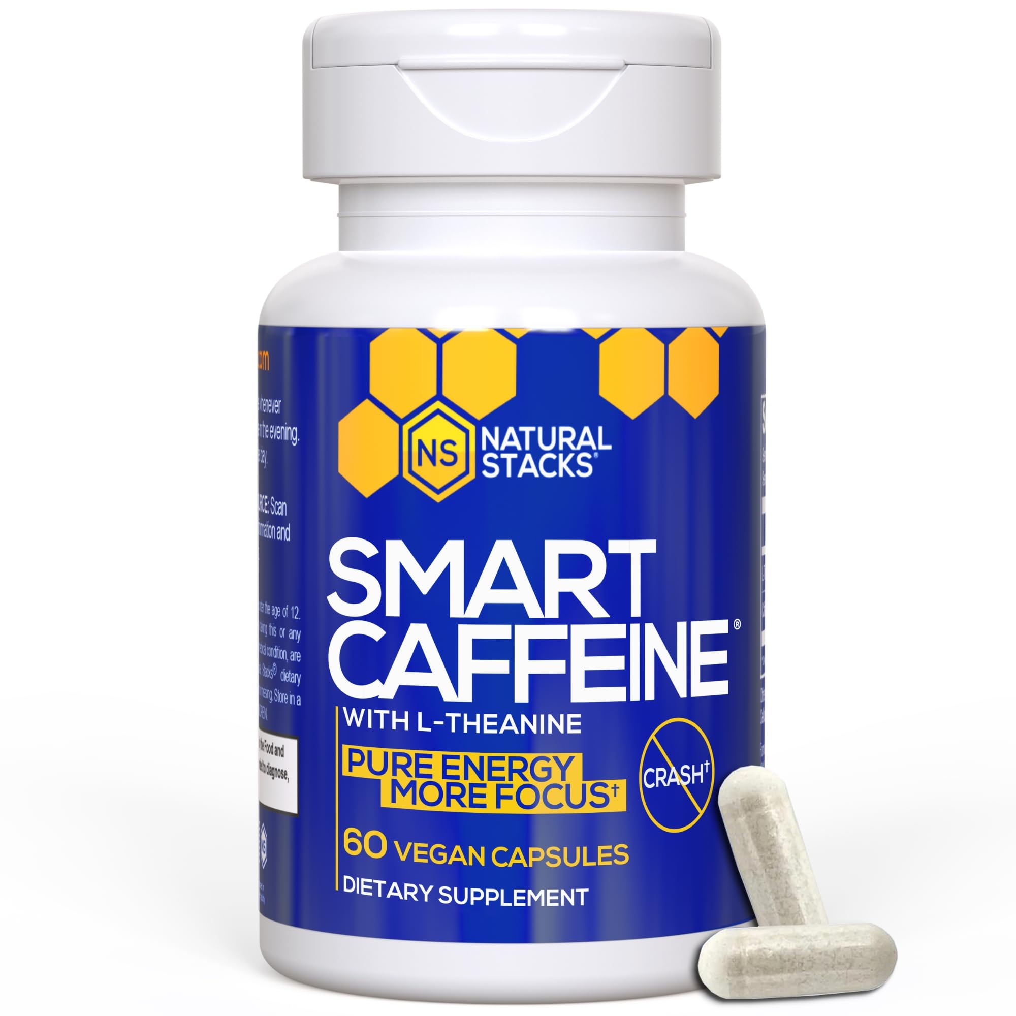 NATURAL STACKS Smart Caffeine Pills - 100mg Caffeine + 200mg L-Theanine Supplement - Supports Energy and Focus - No Jitters and No Crash - 60 Capsules