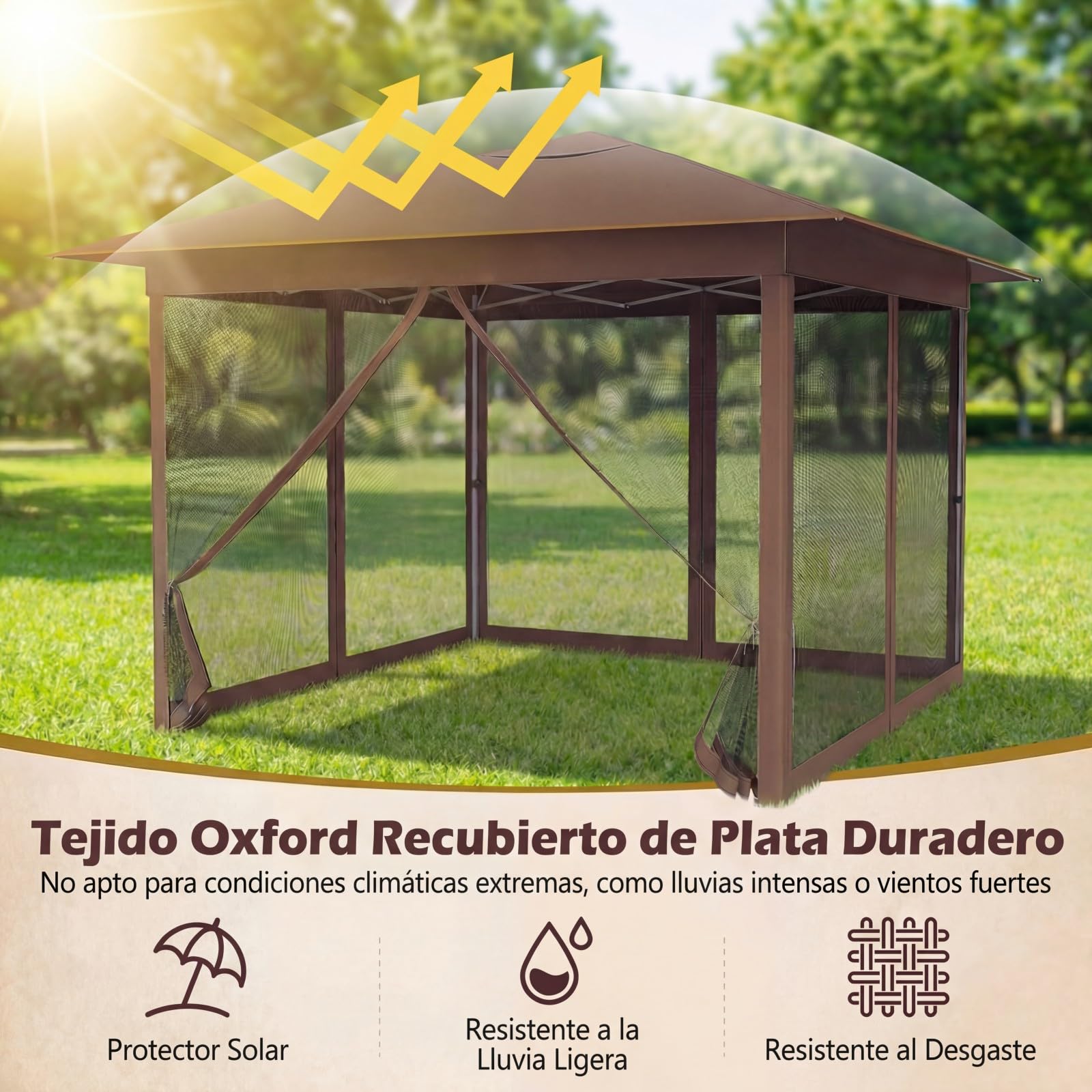 GOPLUS Carpa Plegable 3,5x3,5 cm, Cenador Pop-up de Jardín con 4 Mosquiteras Extraíbles, Altura Ajustable, Bolsa de Transporte, Protección Solar, Gazebo para Fiestas (Marrón,con Mosquiteras)