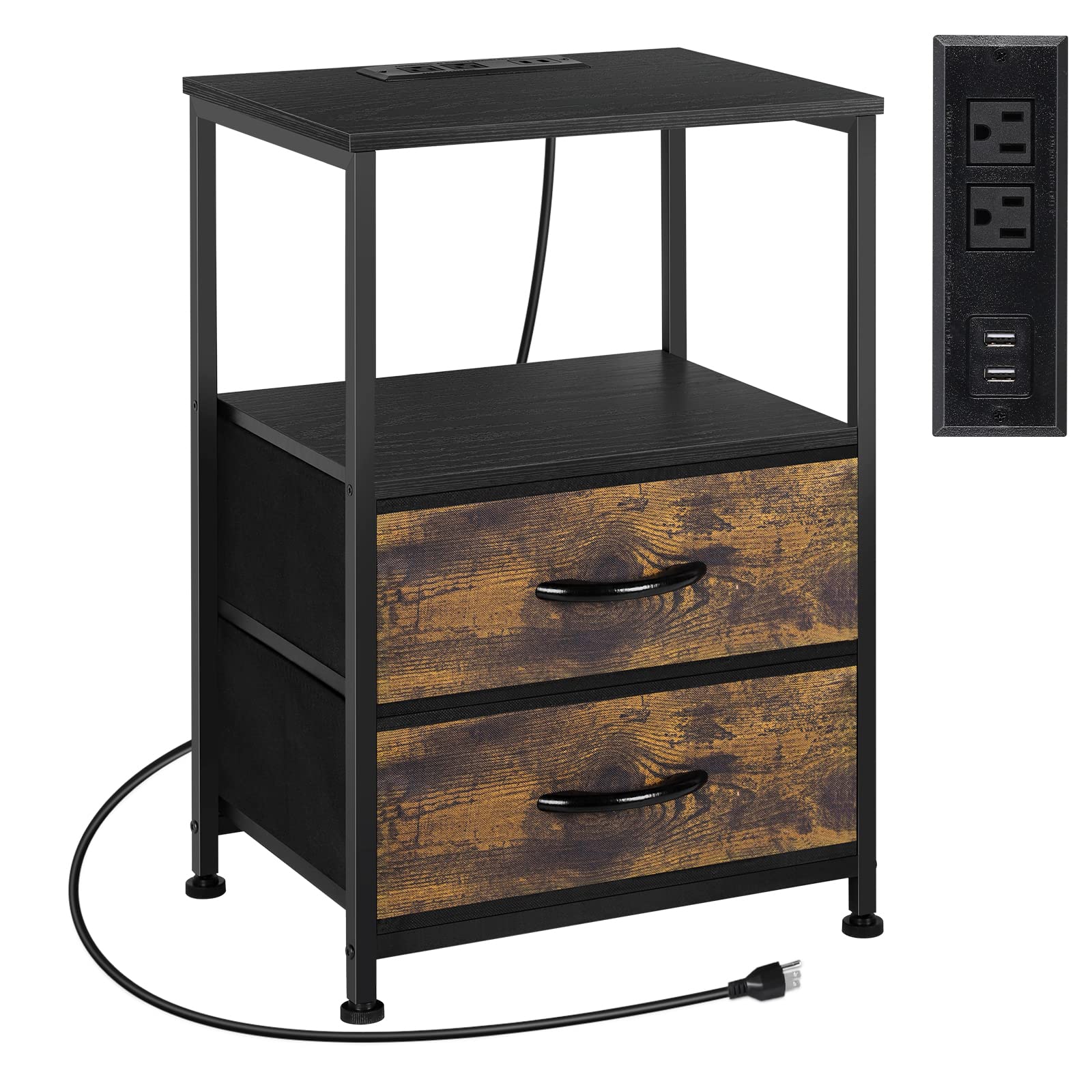 Vrisa Nightstand with Charging Station Black Bedside Table with Fabric Drawers for Small Spaces Small Night Stand with USB Port and AC Outlet for Bedroom Living Room
