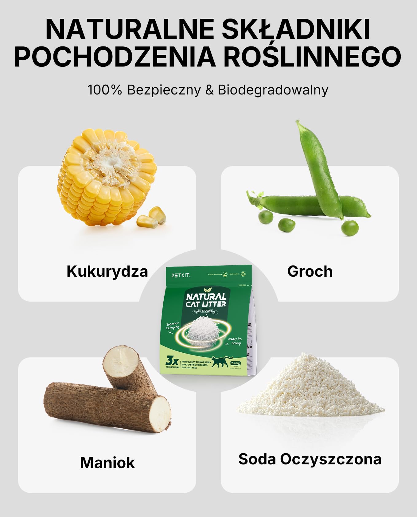 PETKIT Nowy Żwirek dla Kota Tofu, 9.6 kg, Zbrylający Się Żwirek dla Kota, Żwirek dla Kota z Tapioki, 100% Naturalny, Superchłonny, Kontrola Zapachu, Bezpyłowy, do Spłukiwania, 2,4 kg, 4 Worki
