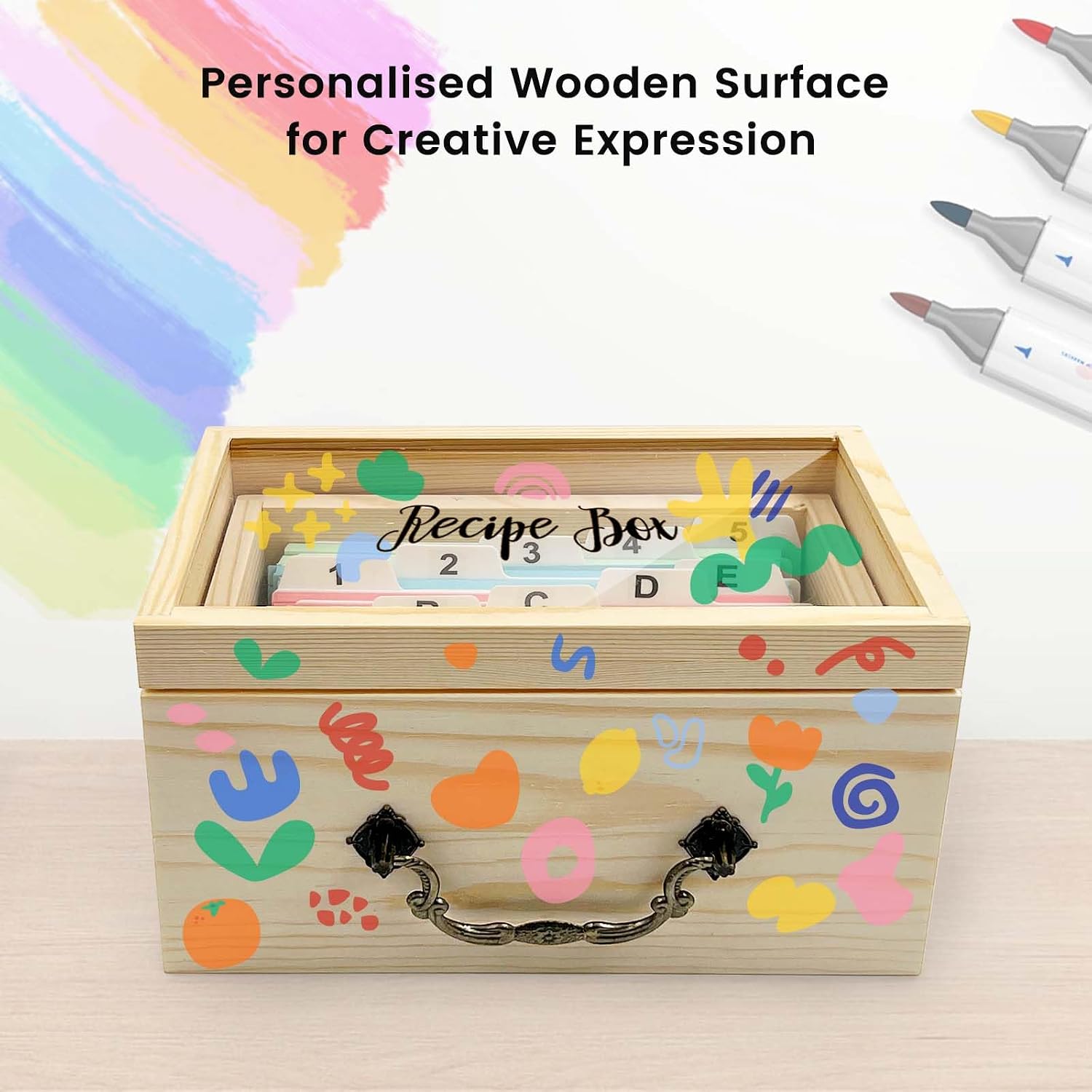 Daily Treasures Wooden Index Card Box Organiser with Clear Glass Top - Pull-Out Drawer Design, 200 Revision Cards & DIY Storage Box for Study/Office/Kitchen (17x9x11.5cm)