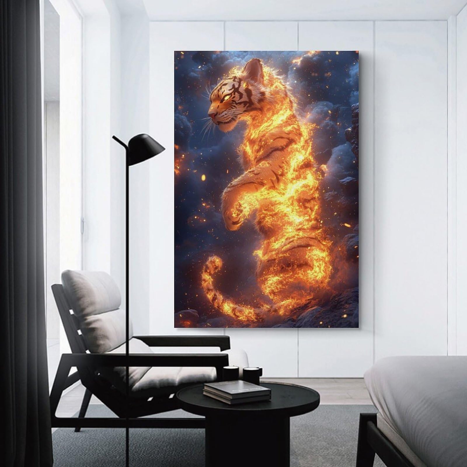 Junmoney Fiery Tiger Standing Amidst Smoky Landscape Canvas Wall Decor, 20x30inch(50x75cm), for Office, Study Or Home Workspace, Wall Art That Adds Style to Work Areas