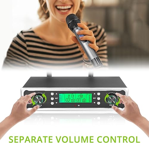 Miniatura 3 de LiNKFOR Sistema de micrófono inalámbrico, micrófono inalámbrico UHF de doble canal, 2 x 100 canales, micrófonos portátiles de mano, rango de