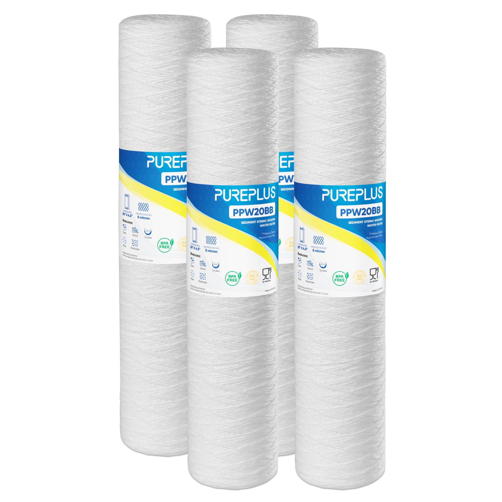 PUREPLUS Filtro per sedimenti per acqua di pozzo, 5 micron, 11,4 x 50,8 cm, cartuccia di ricambio per Pentair Pentek WP5BB20P/WP25BB20P, Hydronix SWC-45-2005, SpiroPure SP-WP5-20BB, confezione da 4