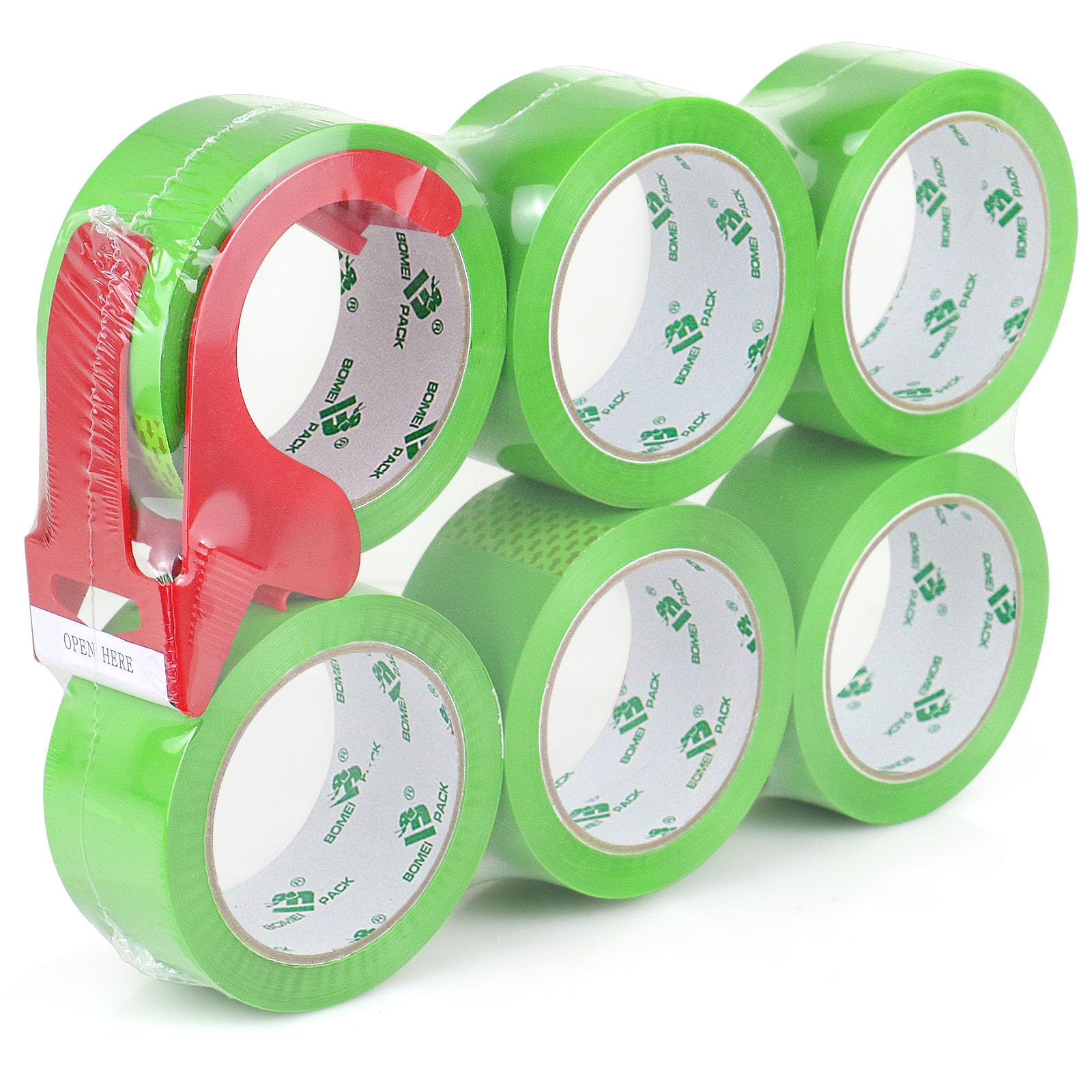 BOMEI PACK 6 Rolls Light Green Packing Tape 48mm x 66m Strong Sticky Heavy Duty Moving Boxes Sealing Tape with 1 Dispenser