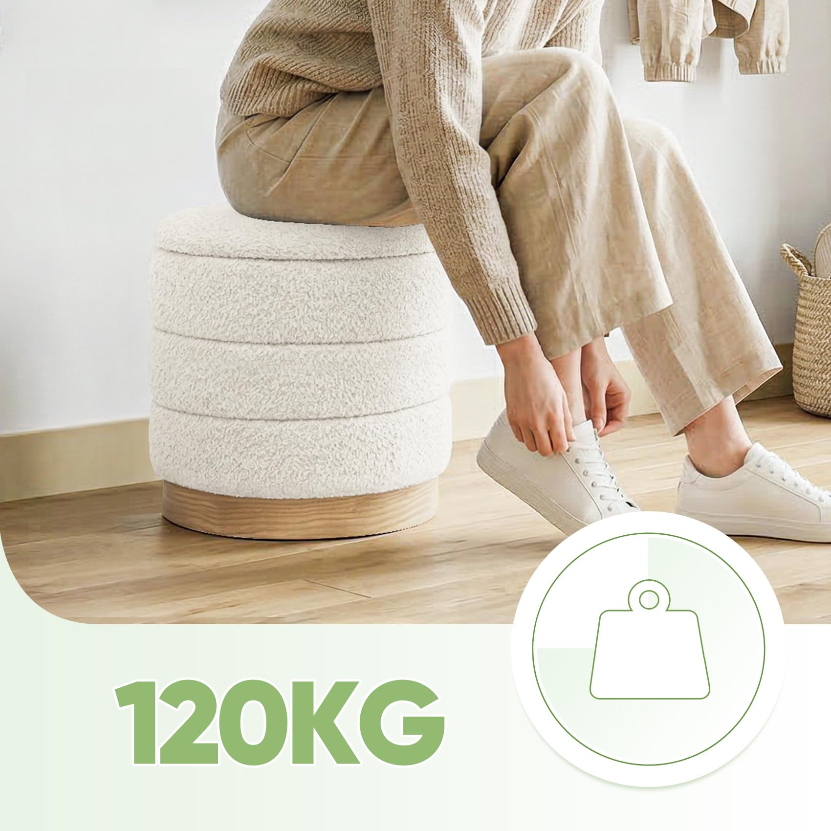 Bonlife Pouf avec rangement et plateau, Pouf rond pliable, Banc de pieds pour salon, chambre à coucher, couloir, Chenille, Socle en similicuir à motif bois, Blanc, 39X39X37 cm