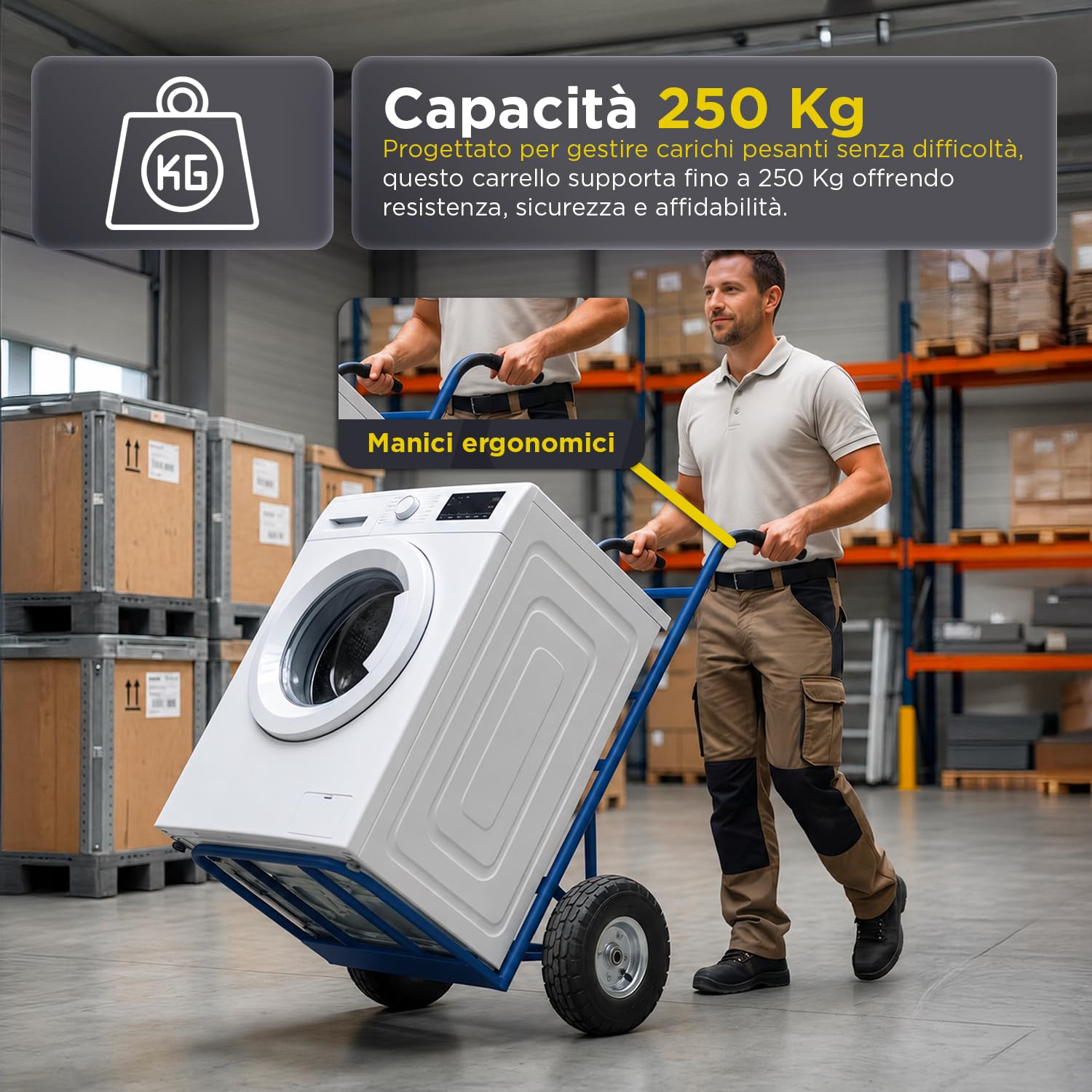 Avilia - Carrello Portapacchi con 2 Ruote Pneumatiche – Struttura in Metallo, 250 kg | Carrello Saliscale con Manico Ergonomico, Multiuso Traslochi, Edilizia, Terreno (Blu, Chilogrammi, 250)