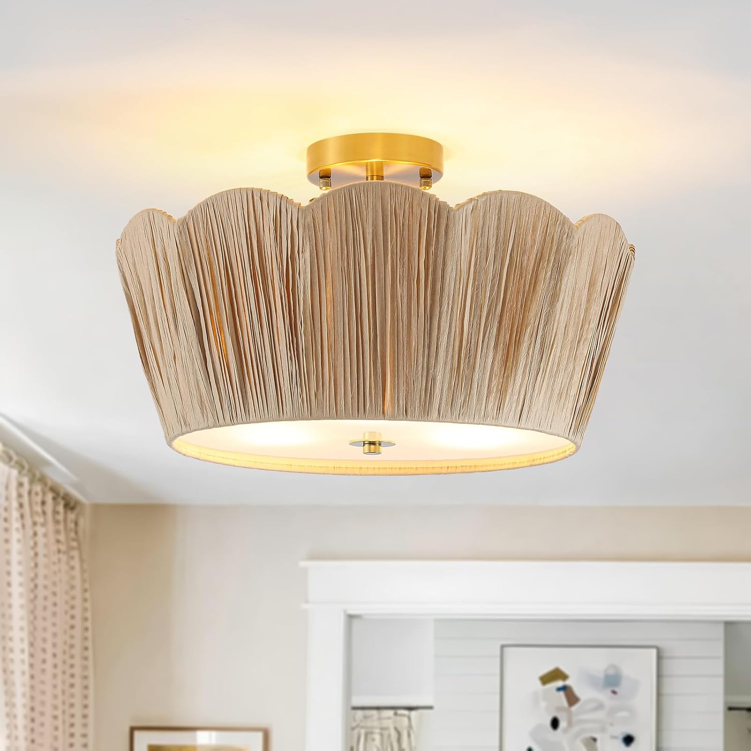 18” Boho Ceiling Light 3-Light Semi Flush Mount Ceiling Light Fixture with Woven Raffia Shade, Boho Light Fixture for Bedroom Kitchen Hallway Entryway