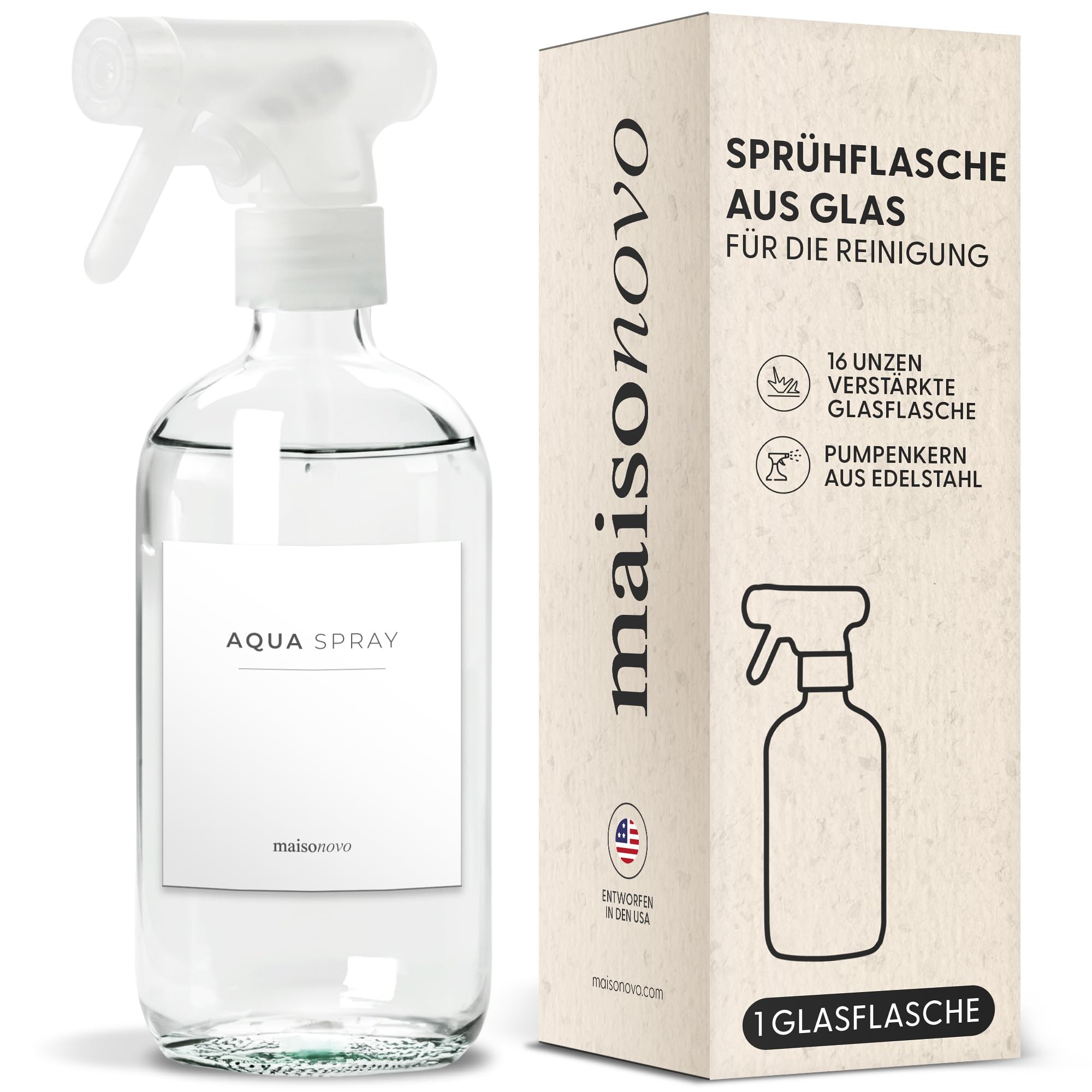 MaisoNovo Wasser Sprühflasche Glas 500ml 1er Set - Klar Kleine Sprühflasche Putzmittel Inklusive 16 Etiketten