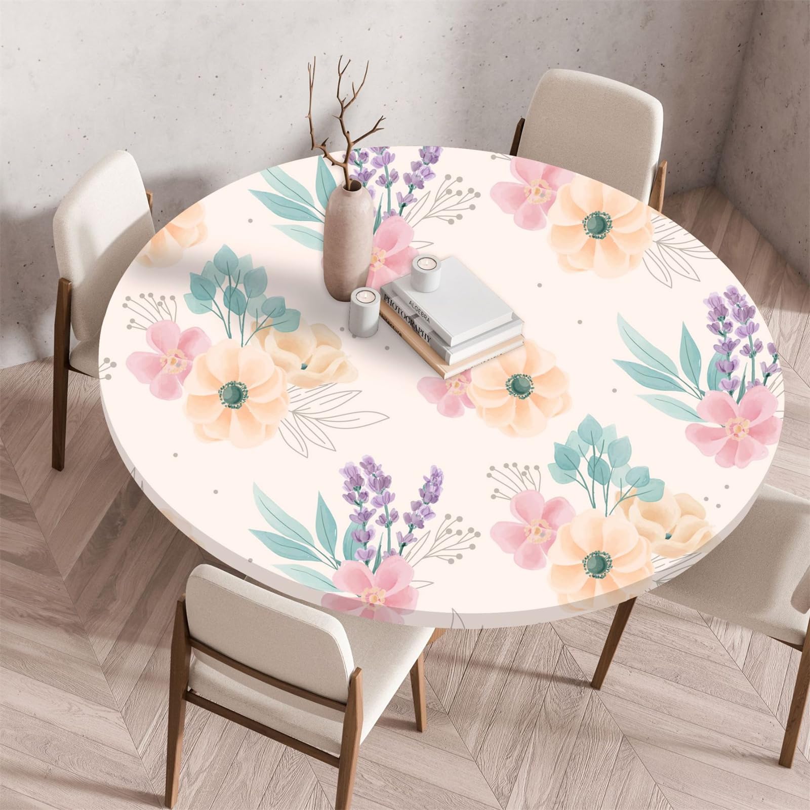 Muiuou Round Tablecloth, Flower Printing Waterproof Wipeable Table Cover Elastic Edge, Reusable Round Table Cover Cloth, Fitted Kitchen Restaurant Home Decoration (Diameter 120cm,Flower 15)