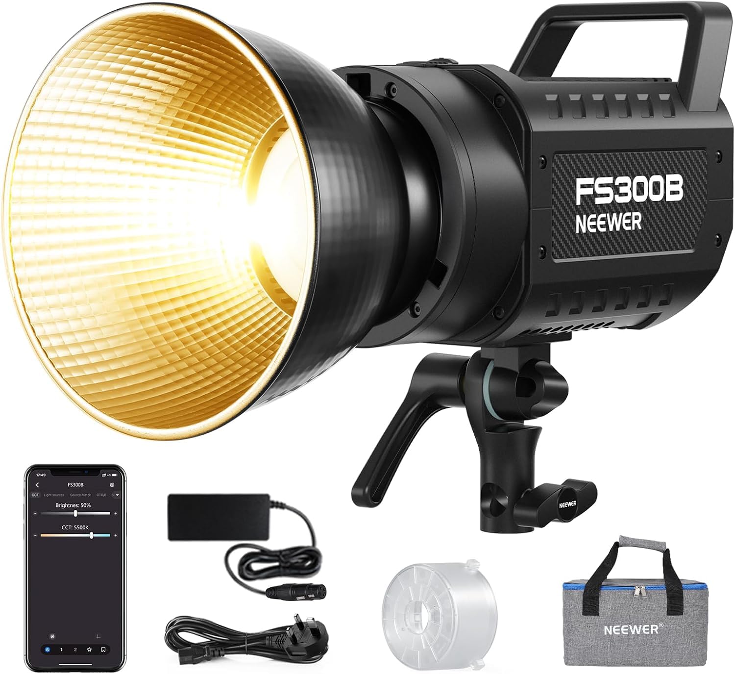 NEEWER FS300B - Luz LED de Video de Estudio de 300 W, iluminación Continua COB Bicolor con Control de 2.4 G/App 44500 Lux/1 m 2700K-6500K CRI97+, 12 escenas, Foco de Montaje Bowens para grabación de