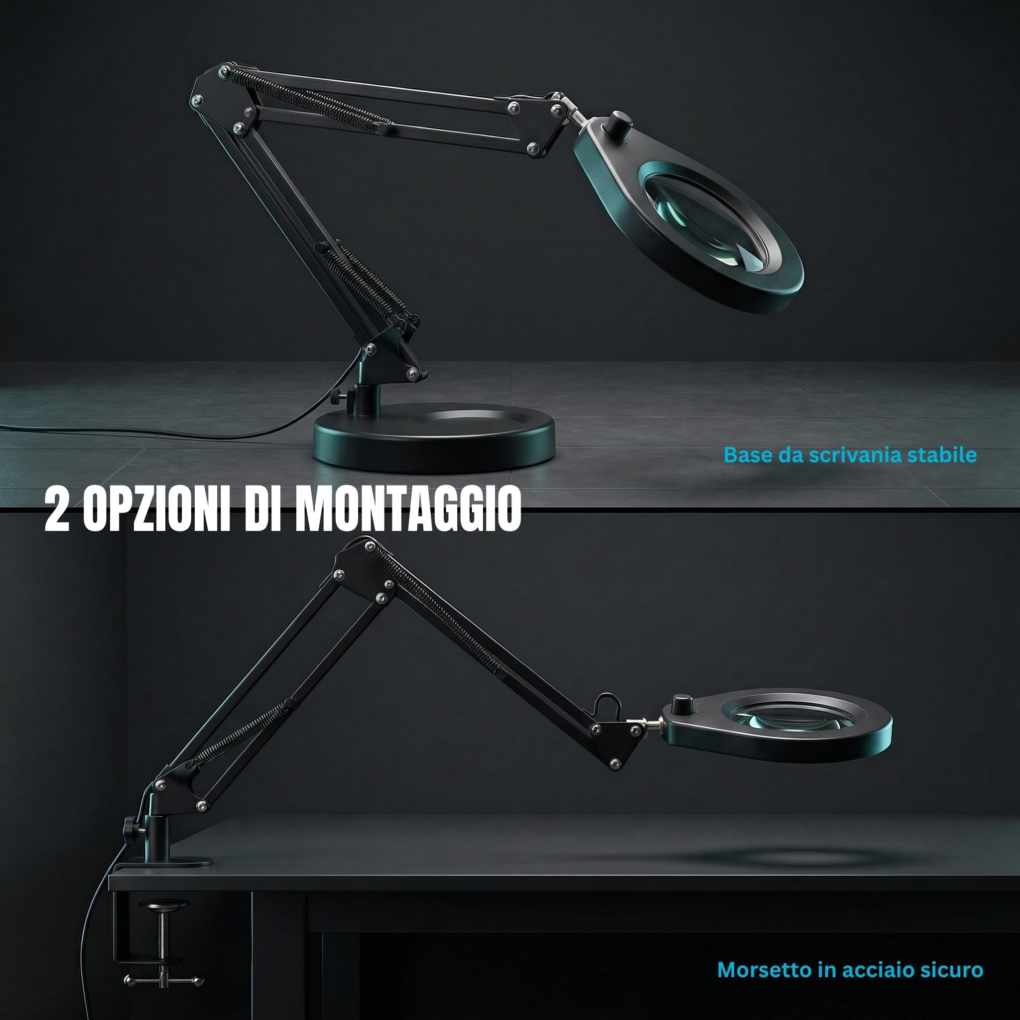 Lampada di Ingrandimento con Base e Morsetto, Lente Illuminata 105 mm 5x, Luce Regolabile (5 Colori, 10 Livelli, 790 LM), Braccio Orientabile Regolabile - Mani Libere per Lavori di Precisione