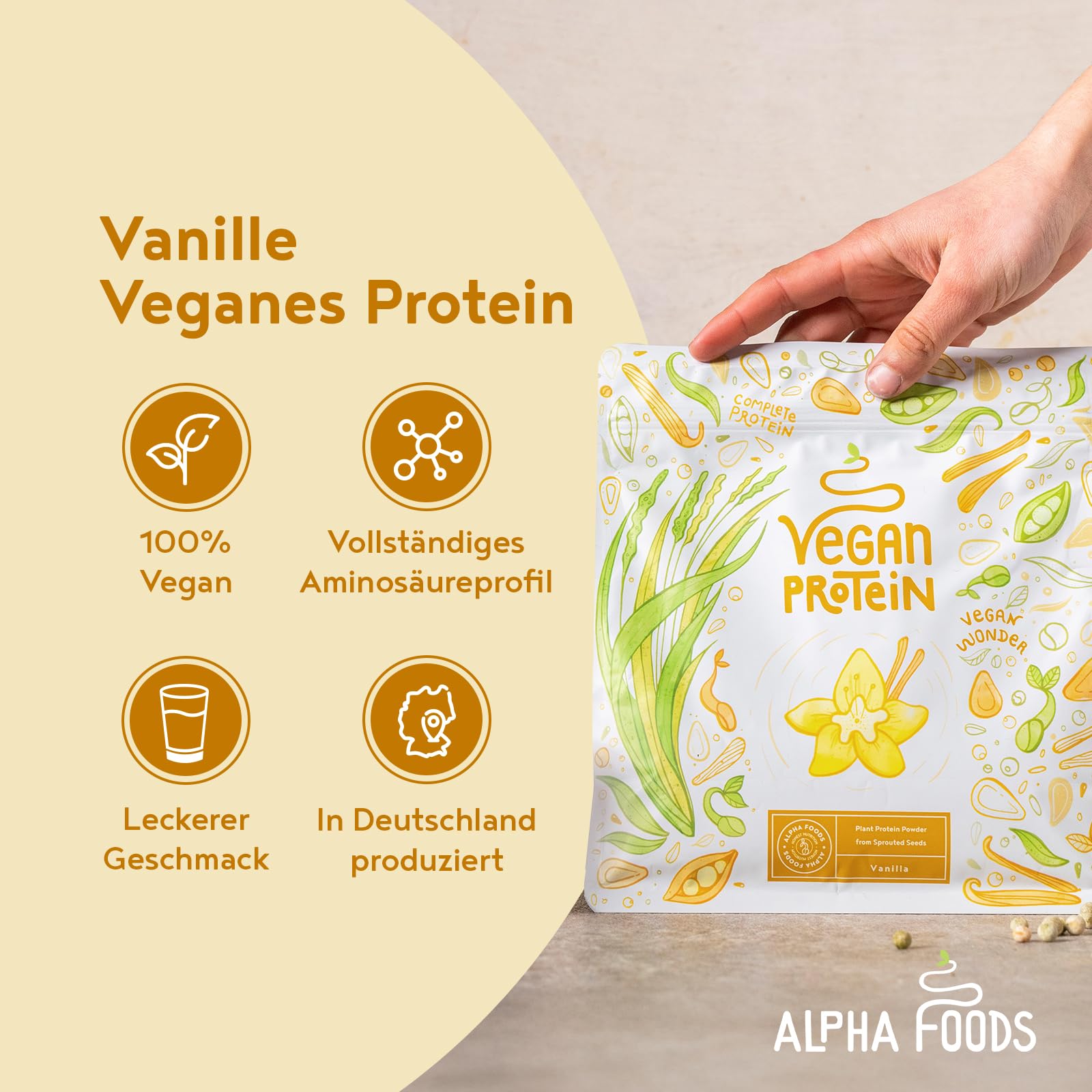 Alpha Foods Vegan Protein Pulver, 1200g, 22g Proteingehalt pro Portion, Vanille Geschmack, 40 Shake Portionen, pflanzliches Proteinpulver, optimales Aminosäurenprofil