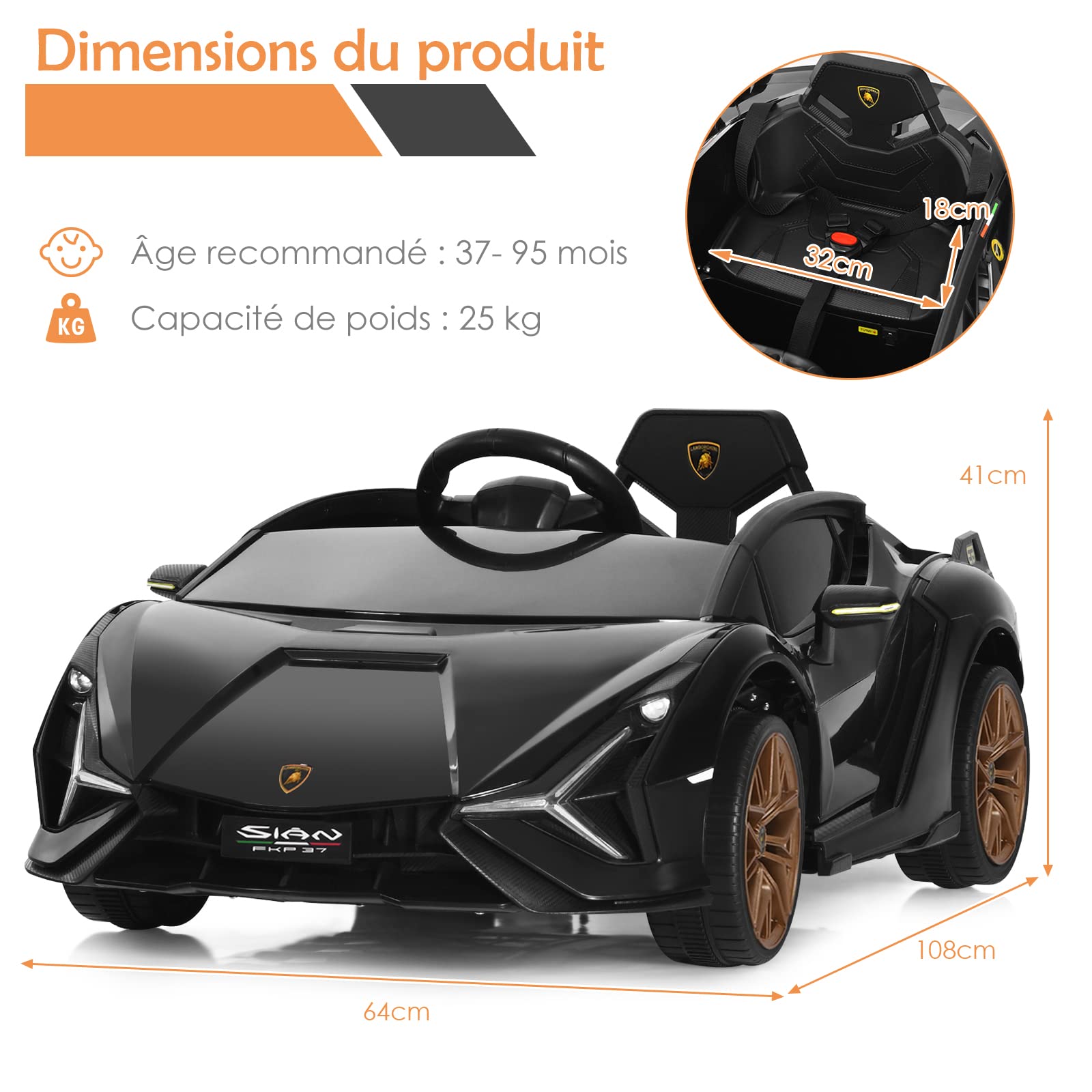 Lamborghini Voiture Électrique 12v Enfants Avec Télécommande 2,4g 2