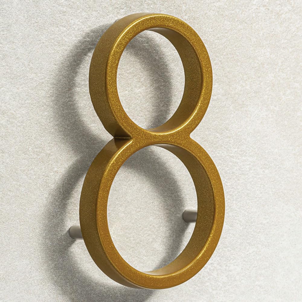 House Signs Direct | Modern Floating 3D Gold Metal House Numbers 5 Inch | Stylish Front Door Numbers with Waterproof Zinc Alloy Finish | Easy Install Door Number Sign for Wall or Gate - Number 8