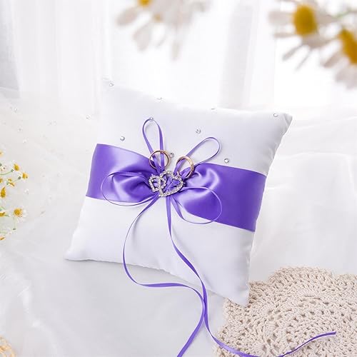 Miniatura 8 de QIRMIZI Juego de almohada para anillo de boda y cesta para niña de las flores, adornado con diamantes de imitación, satén blanco, azul