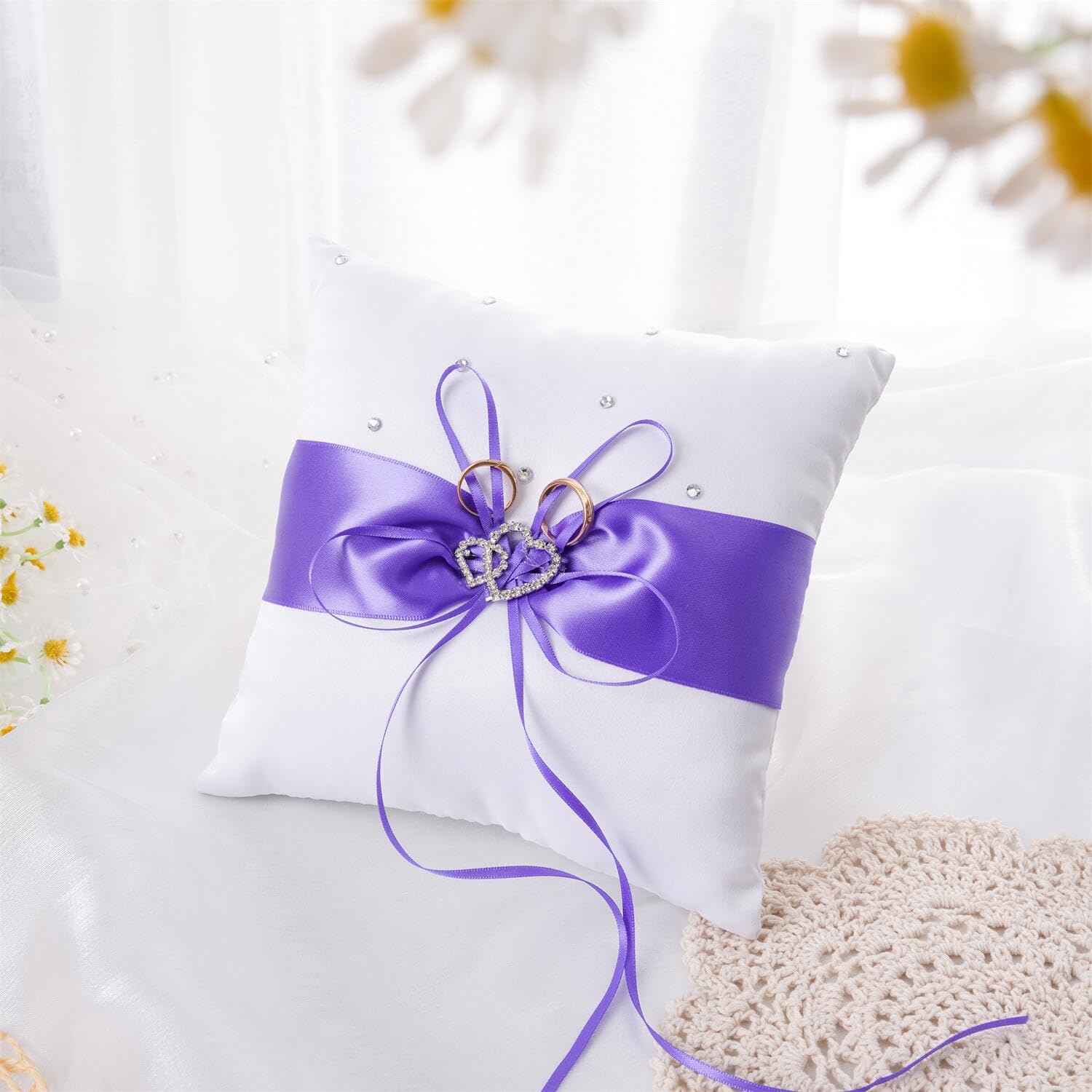 QIRMIZI Coussin pour alliances, coussin de perles, support de bague pour mariage, cérémonie de mariage, demande en mariage, violet