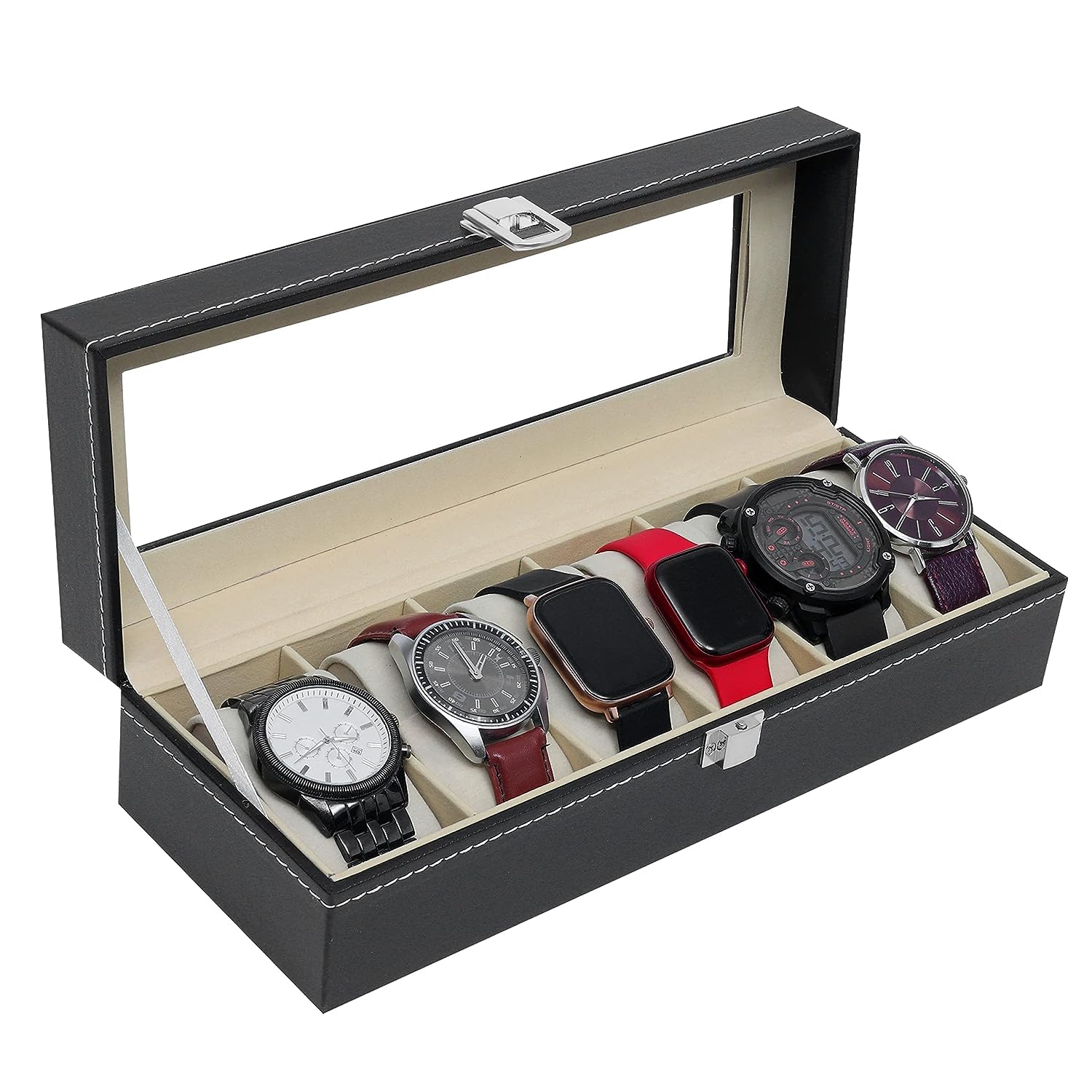 Aashita Shoppe Watch Box Organizer - 6 Slot Watch Storage Holder and Display Collection Box with Transparent Glass - Watch Case Organiser for Men and Women (black) (B0CW3KM4PN) Amazon Price History, Amazon Price Tracker