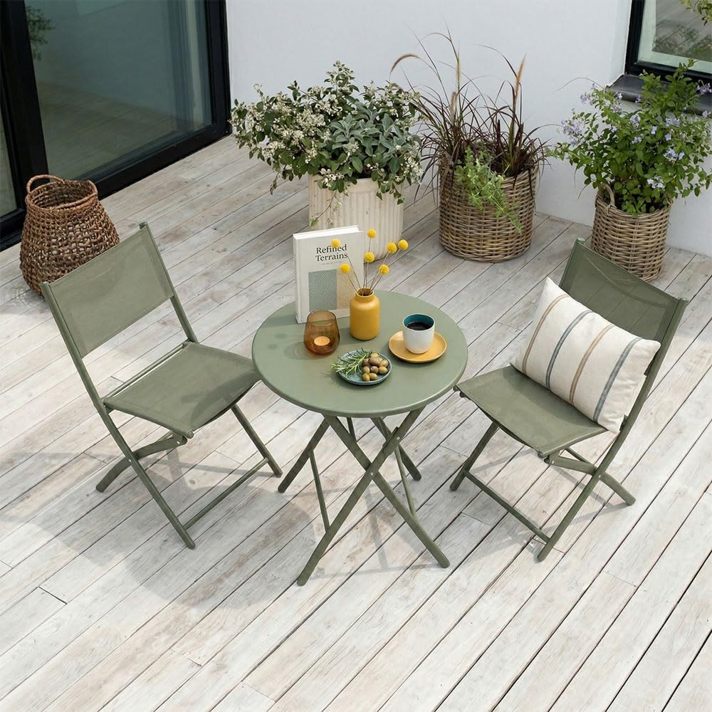 UBERTI. Set Bistrò Pieghevole Balcone Tavolino Rotondo Metallo 2 Sedie Metallo Textilene Verde Oliva