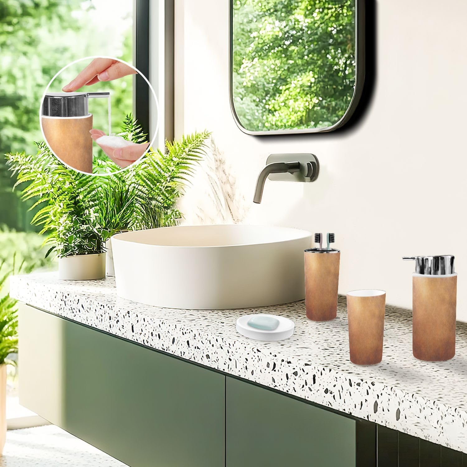 Bathroom Accessory Set 6PCS Vintage Bronze Copper Plate Non Ferrous Metal Sheet as Trash Can, Soap Dispenser, Toothbrush Holder, Toothbrush Cup, Toilet Brush Holder, Soap Dish for Gifts