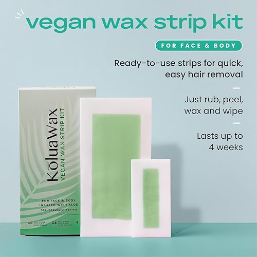 Miniatura 2 de KoluaWax Tiras de cera vegana para depilación  Fácil de usar, no irritante, kit de depilación sin desorden  40 tiras corporales, 24 tiras faciales,