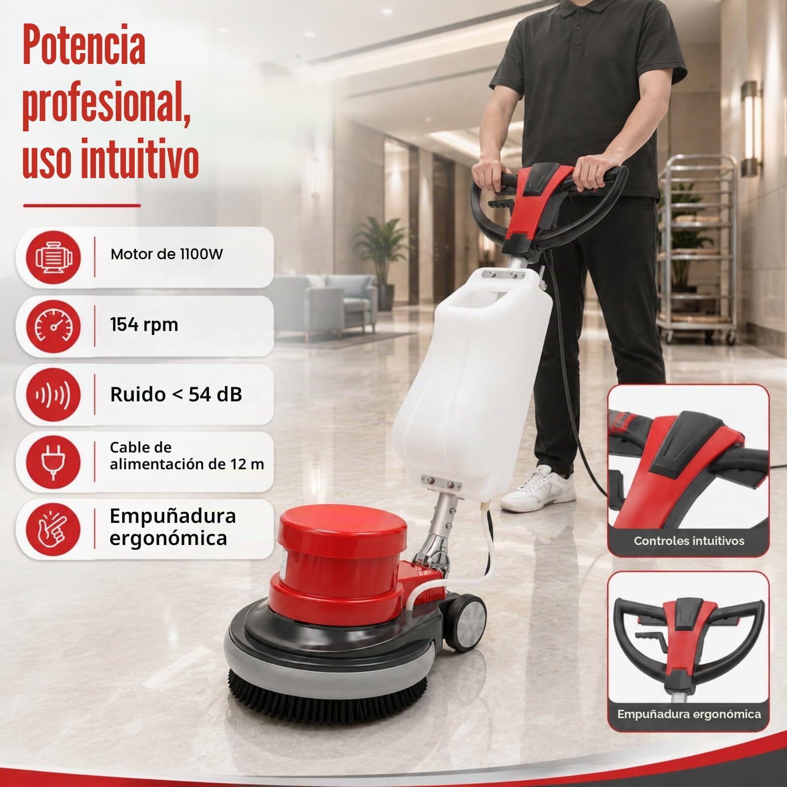 Máquina de limpieza eléctrica de disco único de 1100 W, cepillo multifunción, limpiador de suelos con 4 funciones principales, pulidora de suelos con depósito de agua grande