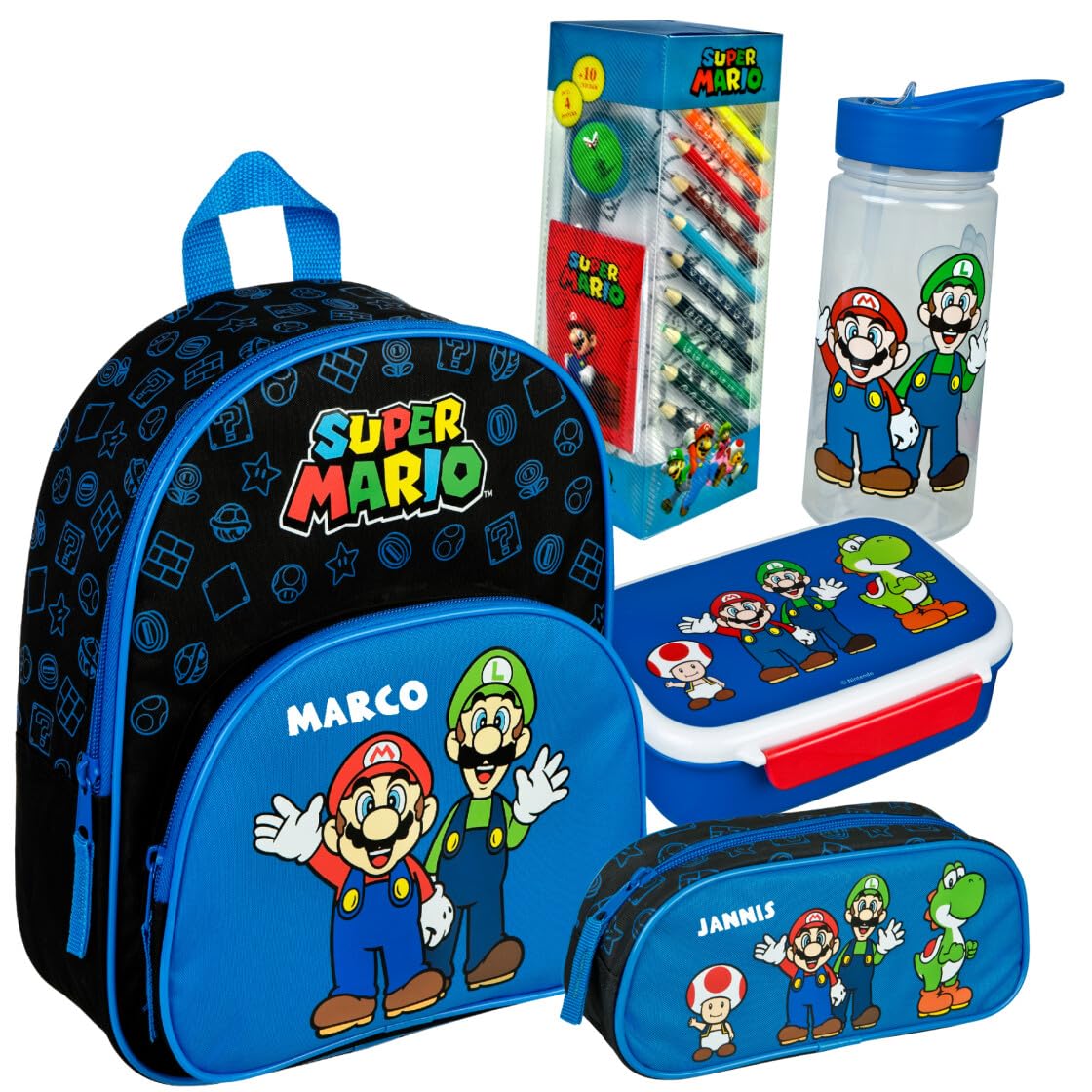 Mochila de guardería Super Mario con fiambrera y botella, estuche personalizado con nombre, juego de mochila infantil, fiambrera y vaso, estuche azul real