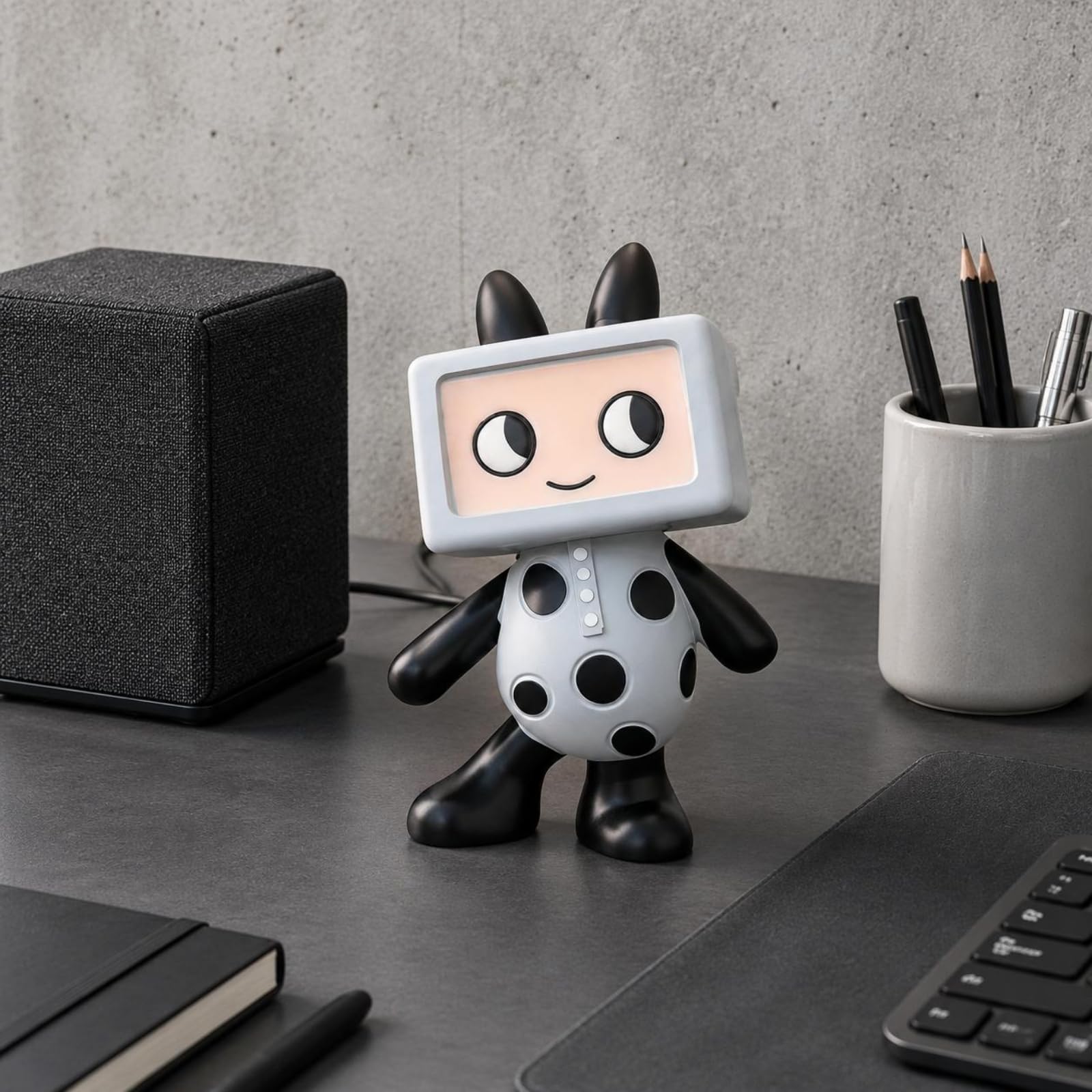 Figurina Televisiva Stile Cartoon Statuetta in Resina Puntolini Neri Statua Decorativa da Scrivania per Soggiorno
