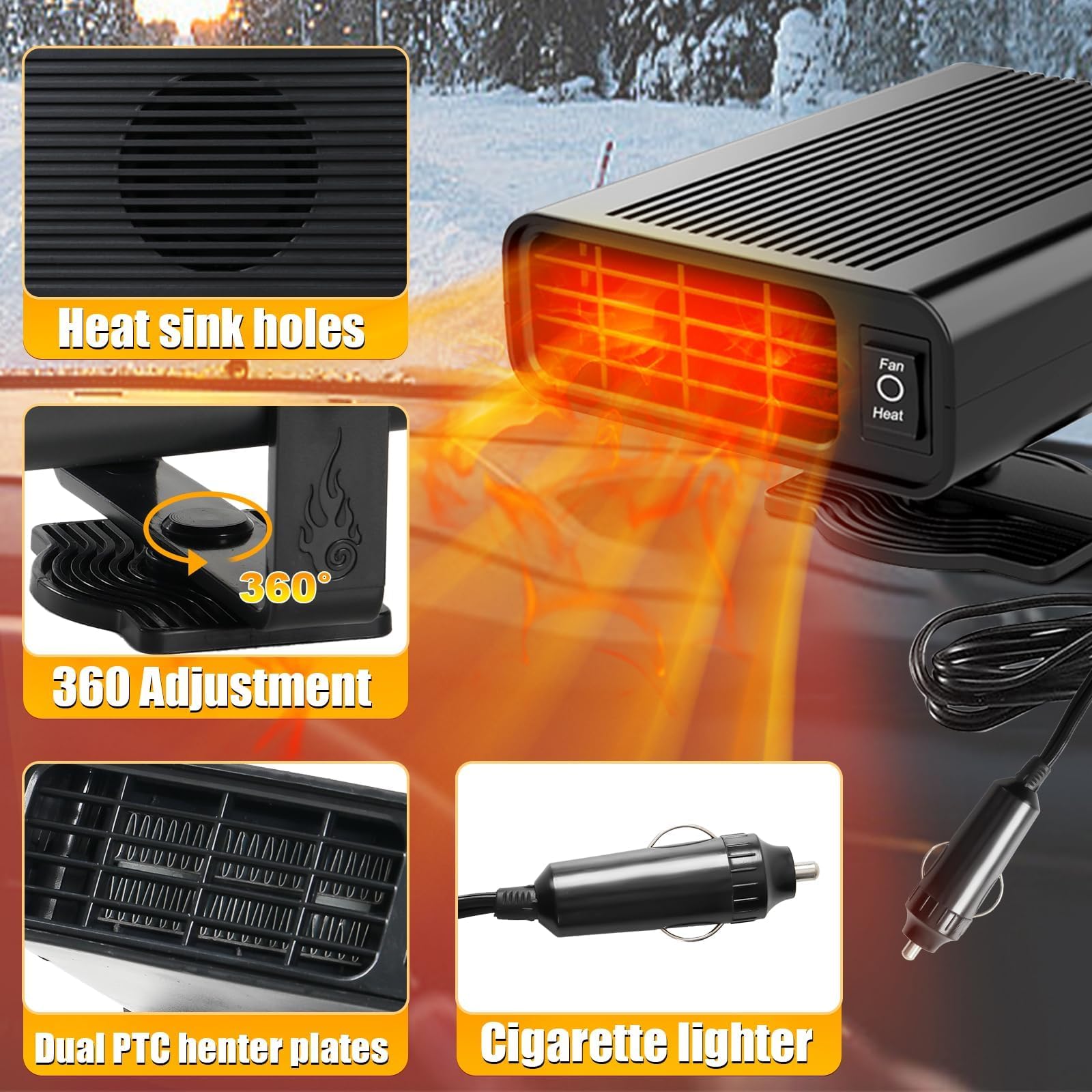 Auto Heizung, Tragbarer 12V Autoheizung Stecker in Zigarettenhalter 2 in 1 Heizung und Kühlung schneller Heizung Abtau 360 ° Rotatable Windschutzscheibe Defroster