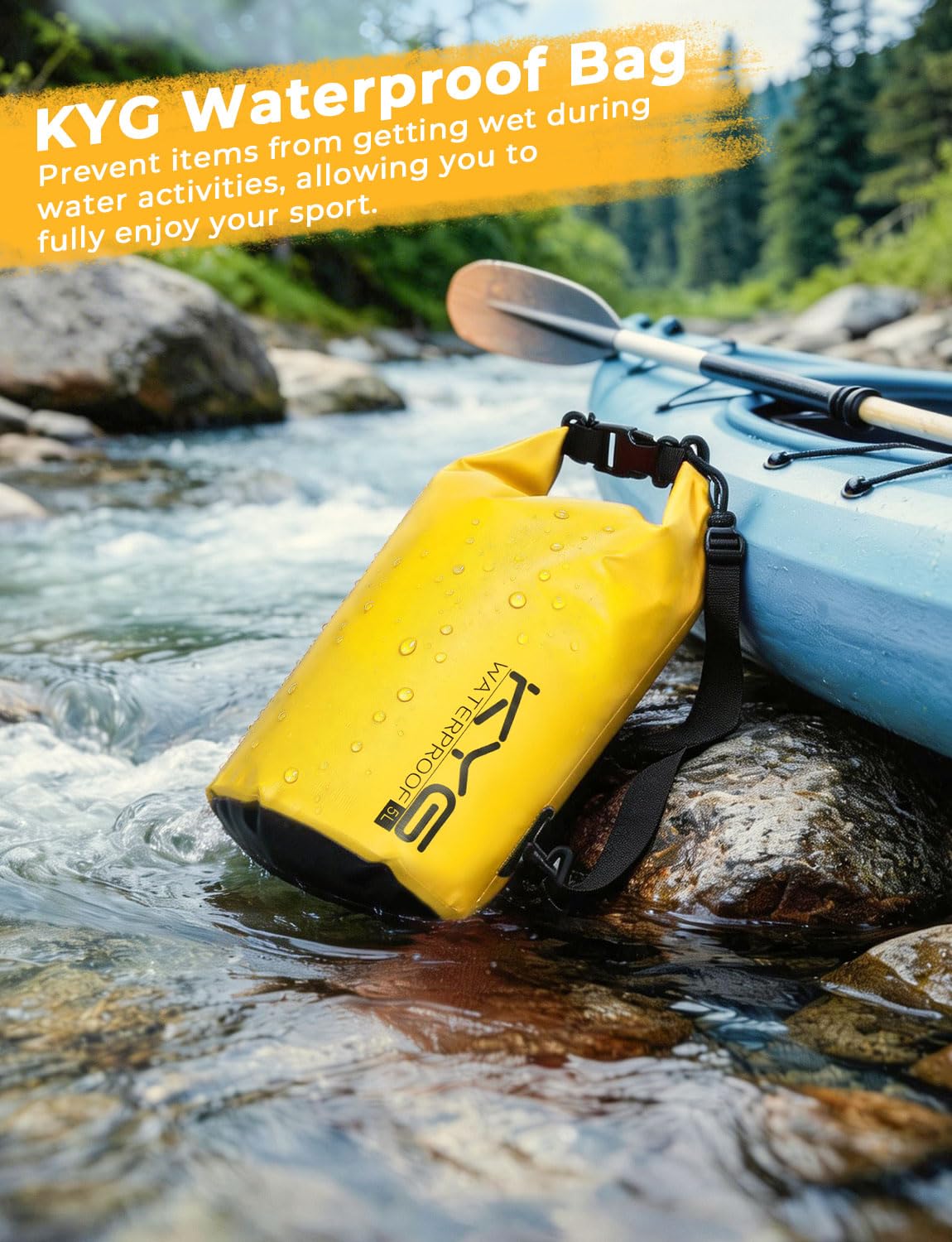 KYG Borsa Impermeabile, 2L/5L/10L Sacca Stagna in PVC, Saldata senza Cuciture – Leggera, Resistente e Galleggiante per Rafting, Trekking Fluviale, kayak, Spiaggia e Campeggio 5L Giallo