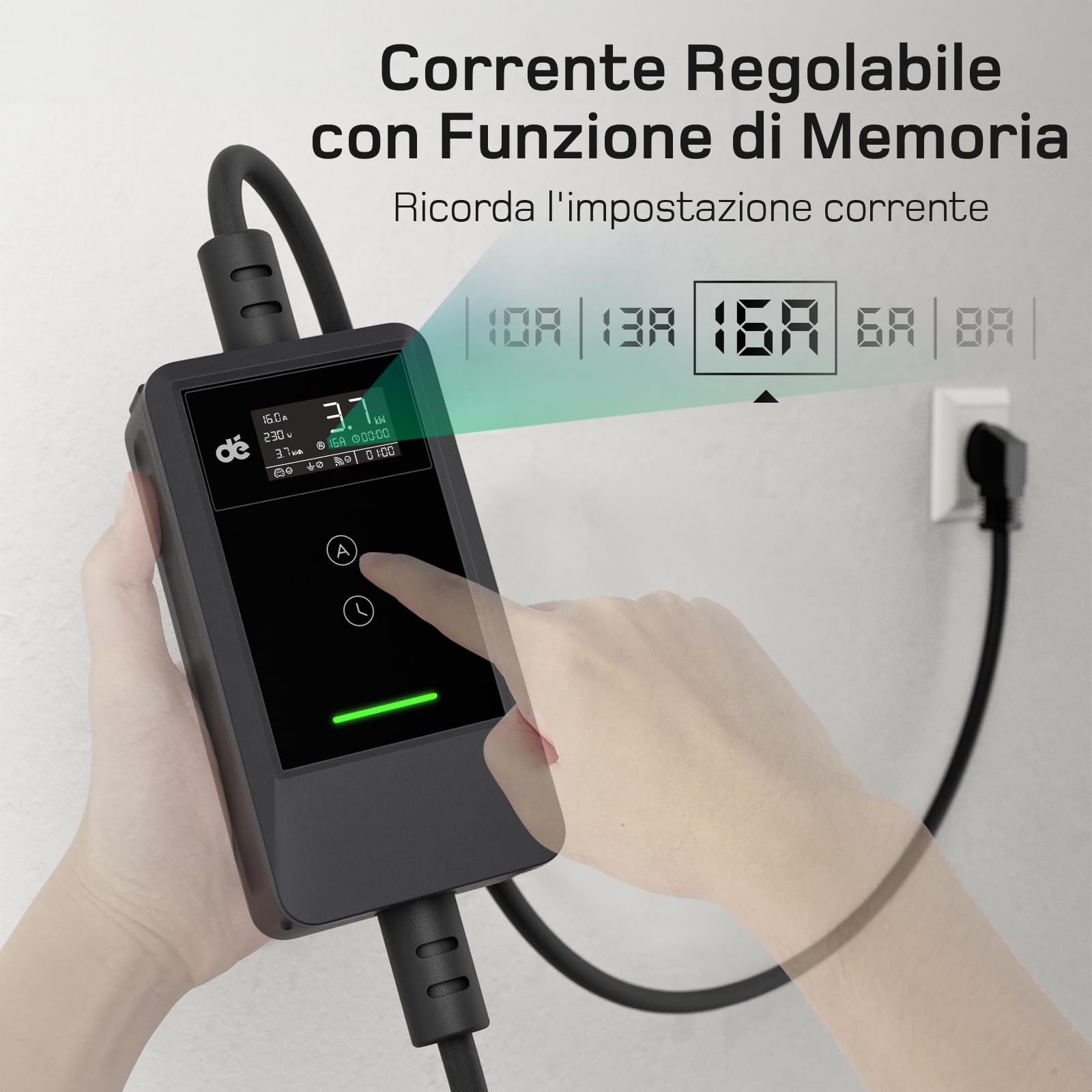 dé Cavo Ricarica Auto Elettrica Tipo 2 Schuko APP 3,7kW [7m | 6/8/10/13/16A] Colonnina Ricarica auto Elettrica con Supporto, con LCD Controllo Digitale Compatibile con Model Y/3, e208 e Altri EV/PHEV