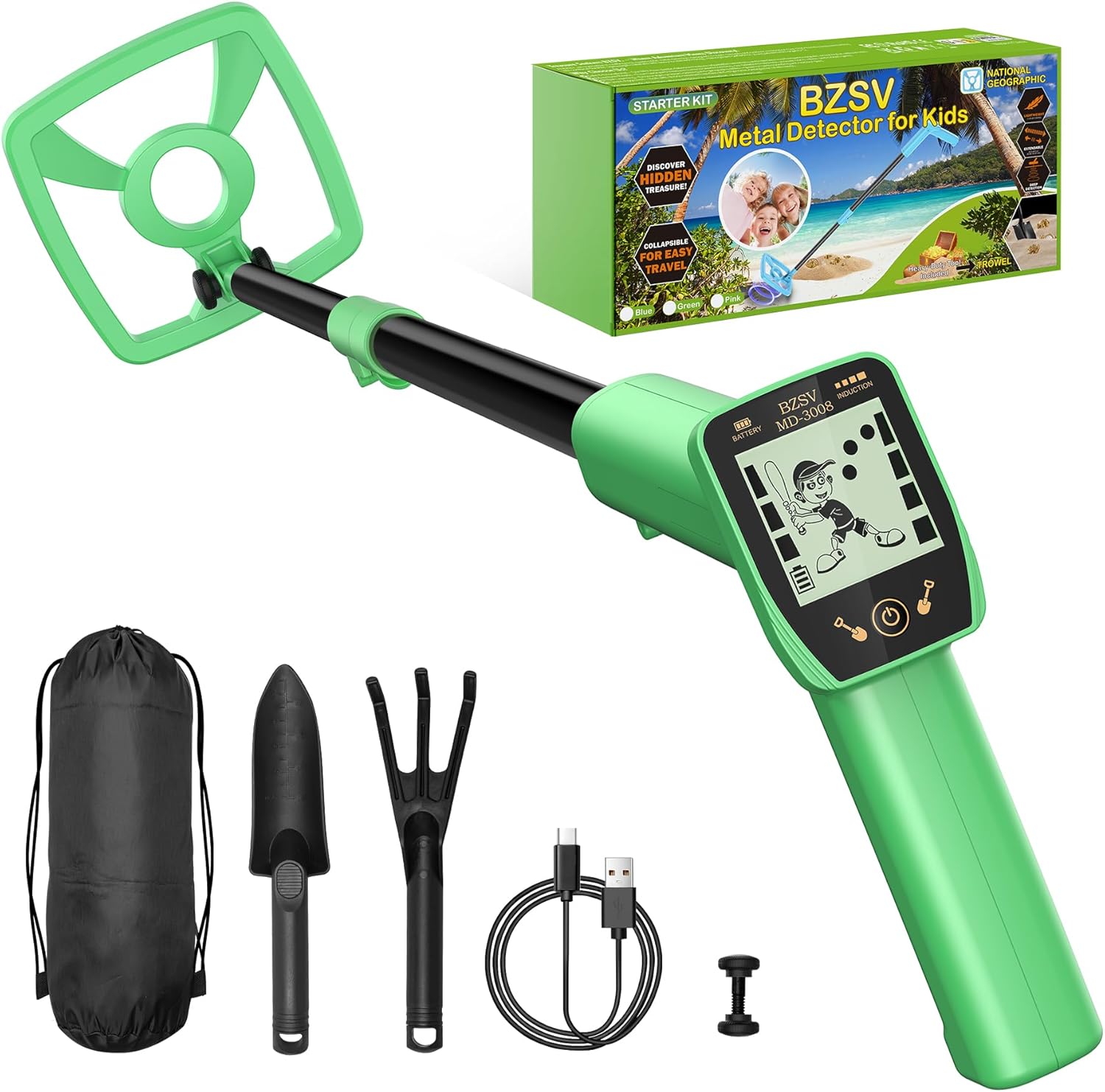 Metal Detector Kit for Kids, Kids Geographical Starter Metal Detector Adjustable 33.5"- 40.5" with Intuitive LCD Display, Lightweight Gold Detectors with 6.5" Waterproof Coil & Trowel - Green