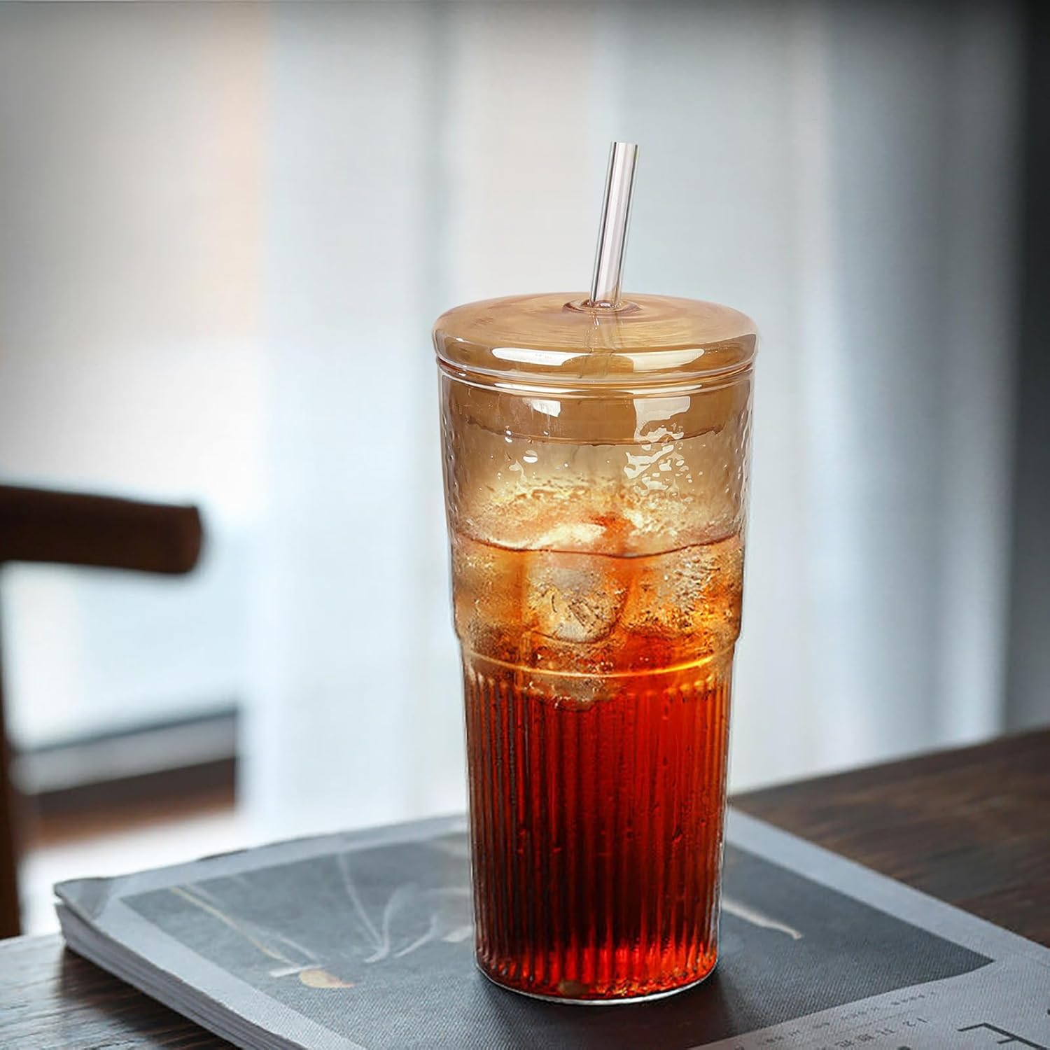 Glass Cups with Lids and Straws, Amber 20 OZ Iced Water Glasses Tumblers for Ice Juice, Tea, Milk, Smoothie and Cold or Hot Drinks, Set of 2 - Image 6