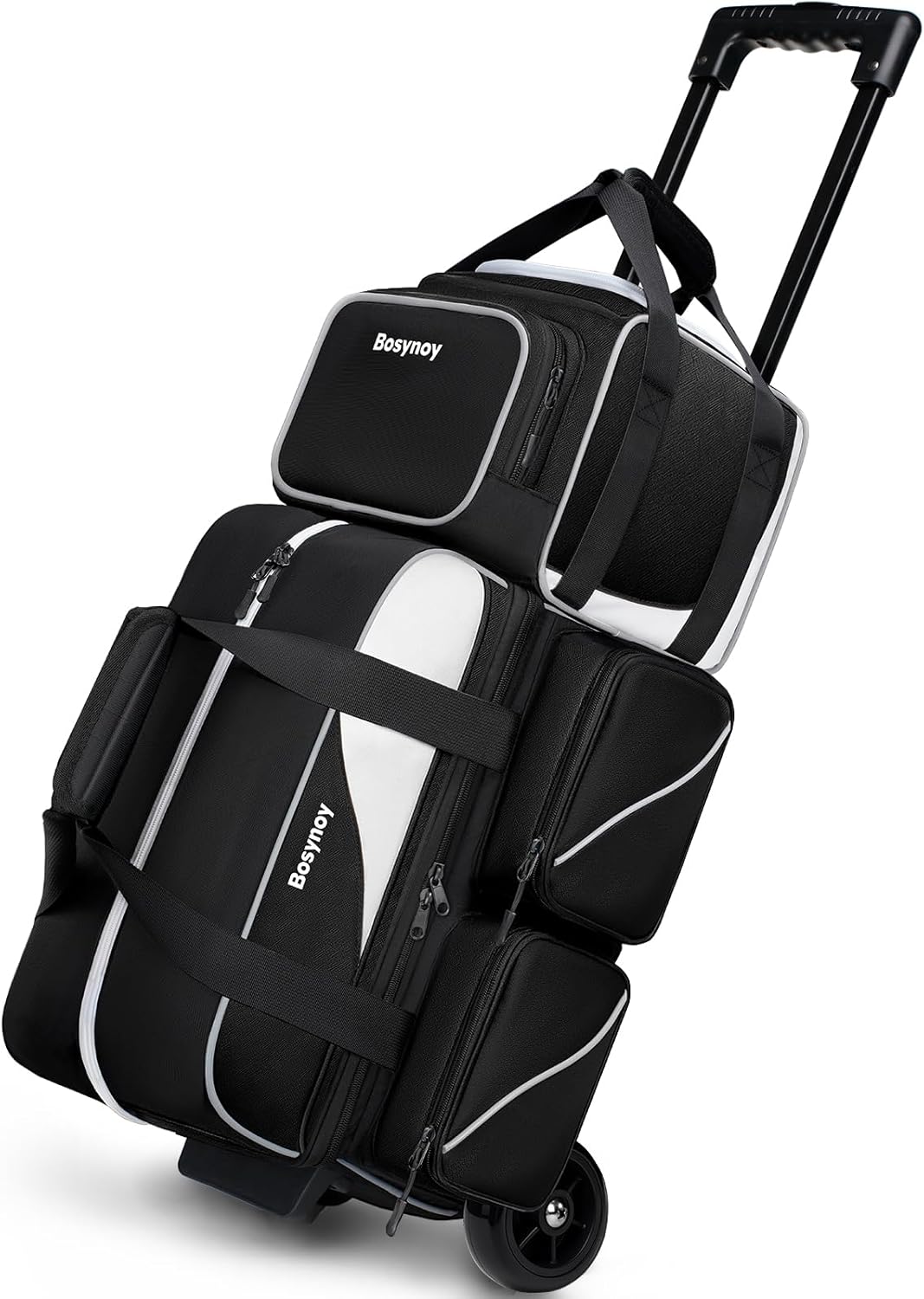 Bosynoy 3 Ball Bowling Bags with Wheels, Single Ball Tote+2 Ball Bowling Bag with Shoe Compartment (Up to US Men Size 16), Bowling Ball Bag 3 Ball Roller with Insulated Pockets, Black