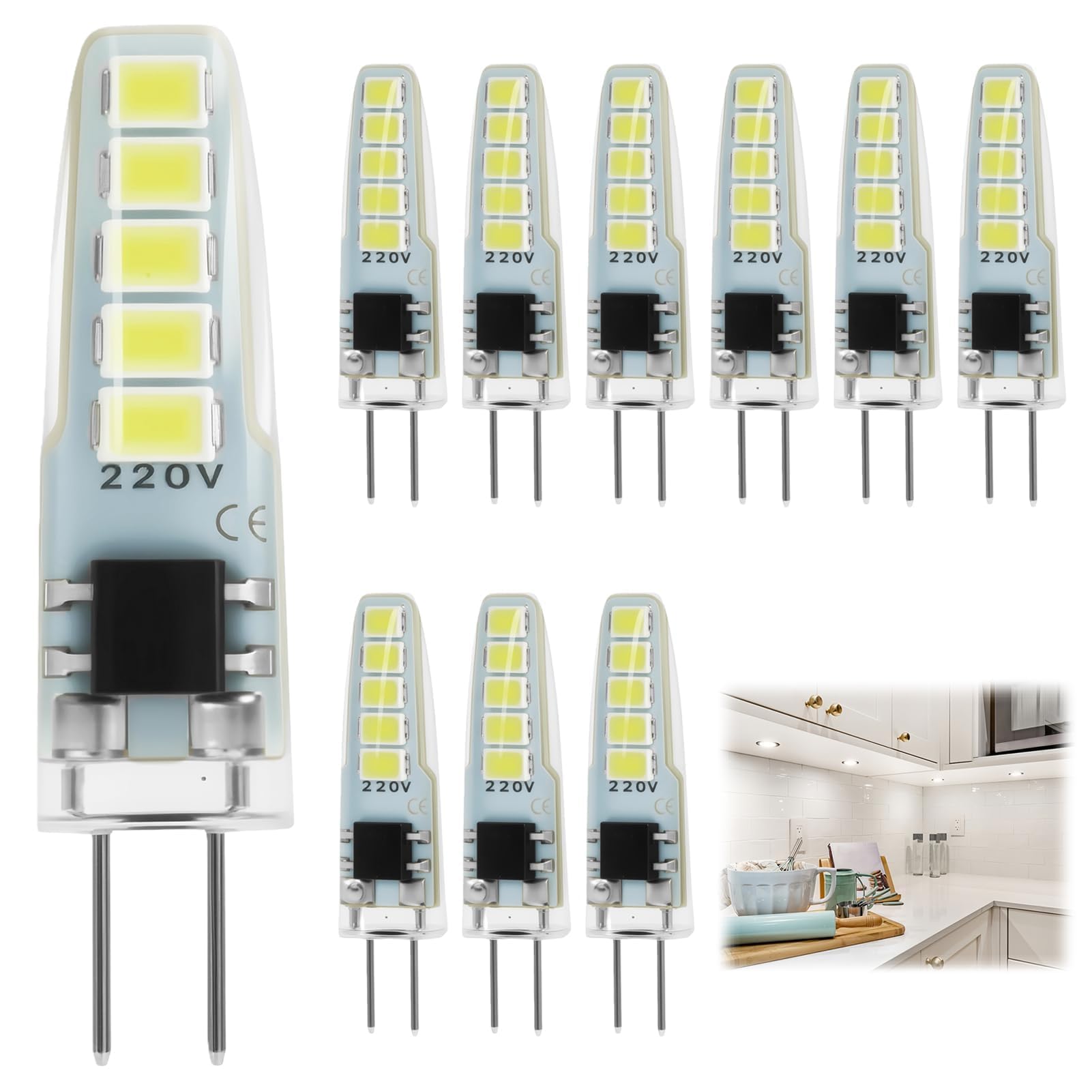 10 PCS G4 LED Bulbs, G4 LED Bulbs Cool White 2W 220-240V 6000K, 20W Halogen Equivalent, 360° Beam Angle, Non-Dimmable, Energy-Efficient LED Replacement for Landscape, Cabinet, and Recessed Lighting