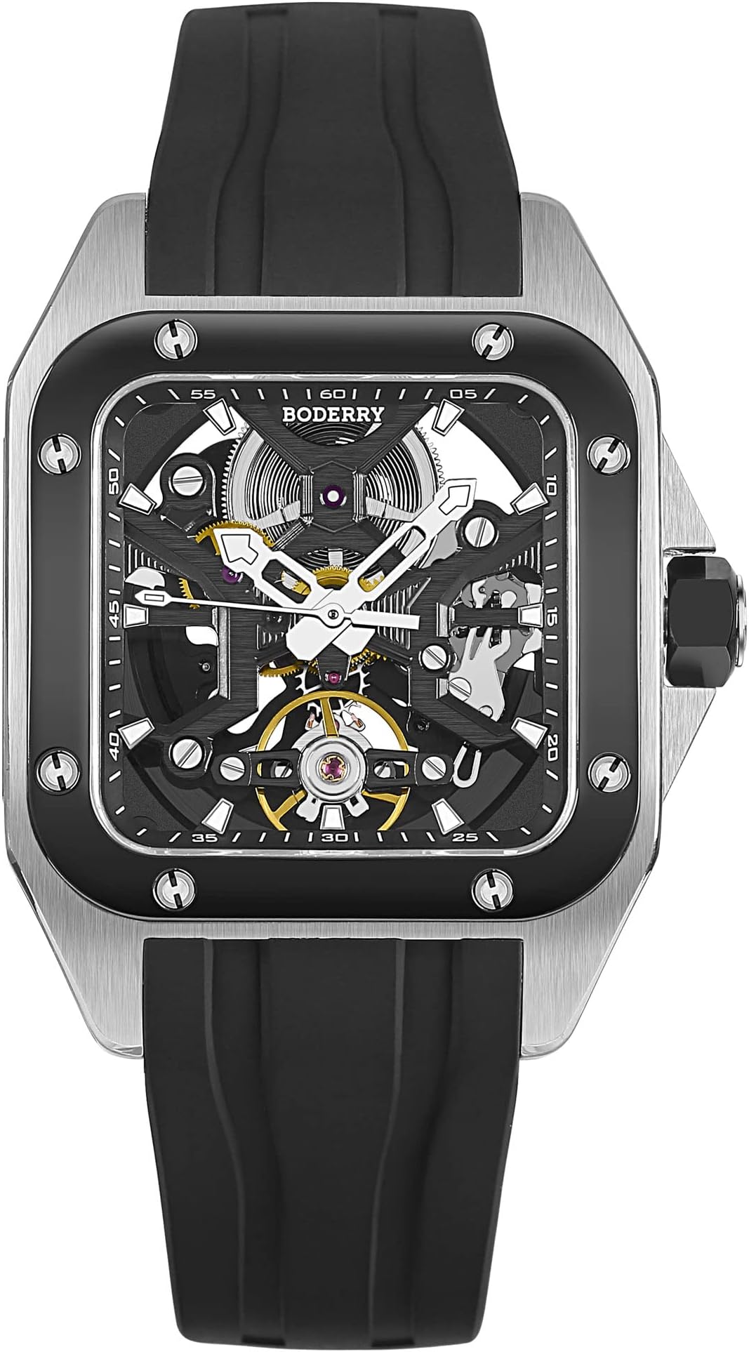 BODERRYSquare Automatic Titanium Watch for Men 72H Power-Reserve Side Transparent Case 10ATM Waterproof Swiss Super-Luminous Sports Wrist Watches-Storm