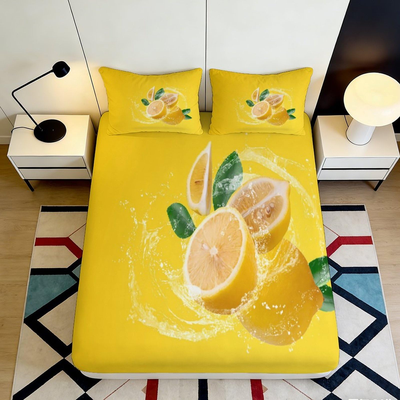 3D Printed Lemon Pattern Fitted Sheet Microfiber Soft Breathable Citrus Fruit Bed Cover for Bedroom Dormitory Guest Room Mattress Protection Decor 120x200x25cm