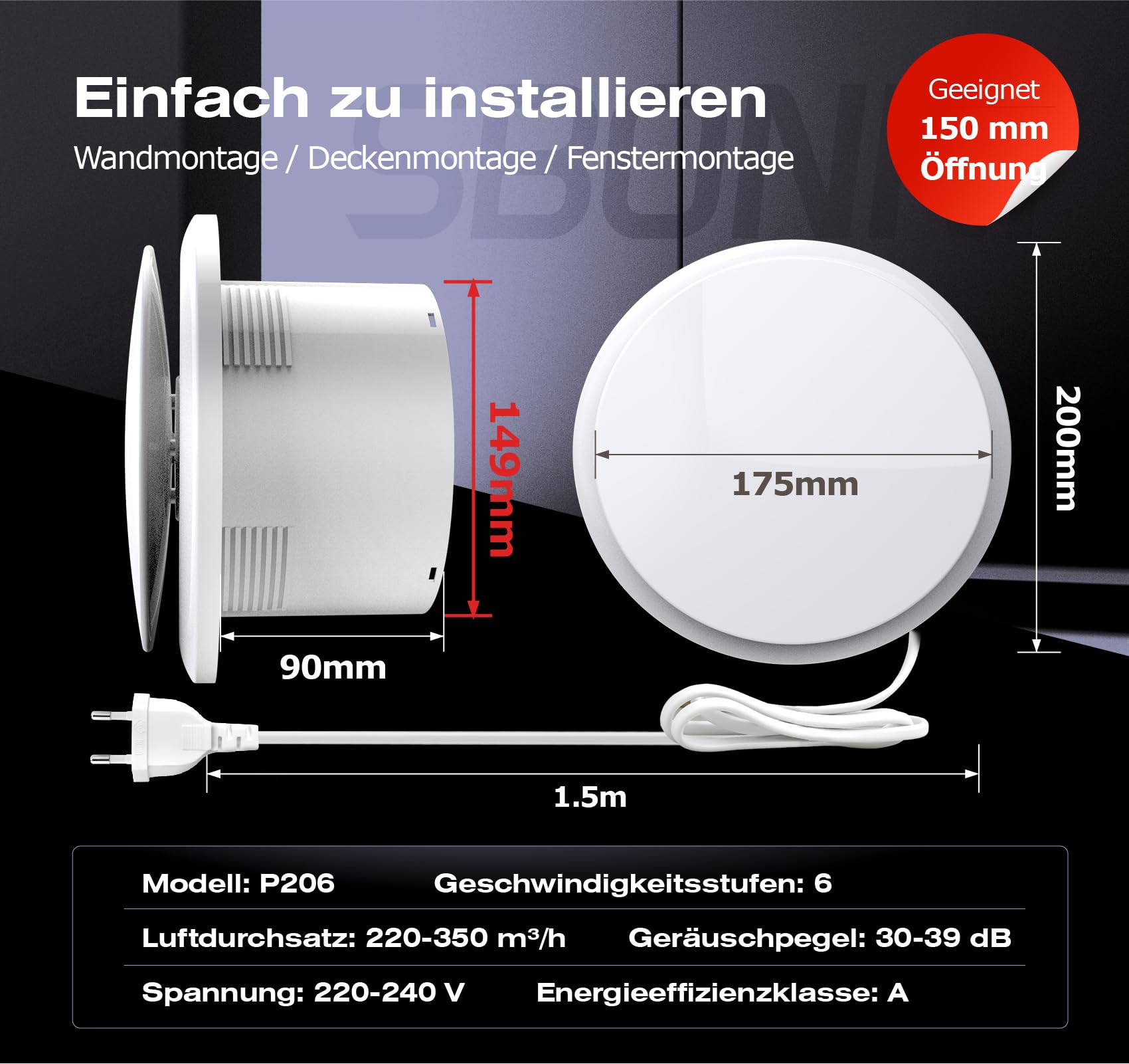 Badlüfter 150mm mit Fernbedienung, 2 Richtungen, 6 Geschwindigkeiten Lüfter Bad mit Statusanzeige, Speicherfunktion, Leise Abluftventilator Badezimmer WC Garage Keller Deckenmontage Wandmontage
