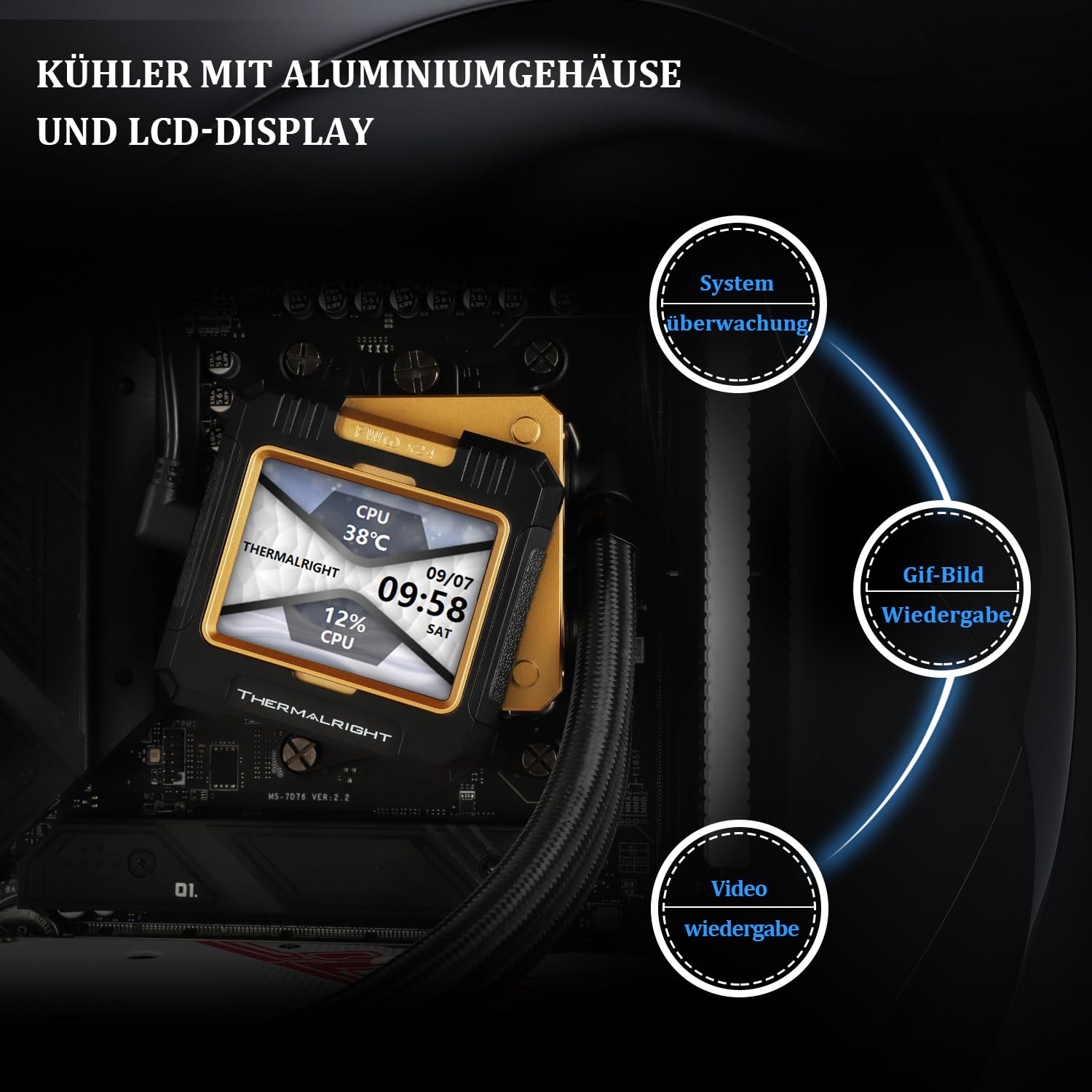 TR FW 240 czarny CPU AIO Cooler, PC 240 specyfikacja systemu chłodzenia wodą, wyświetlacz IPS LCD o rozdzielczości 320 x 240, do AM5 i Intel LGA1700/17XX, pompa o wysokiej wydajności