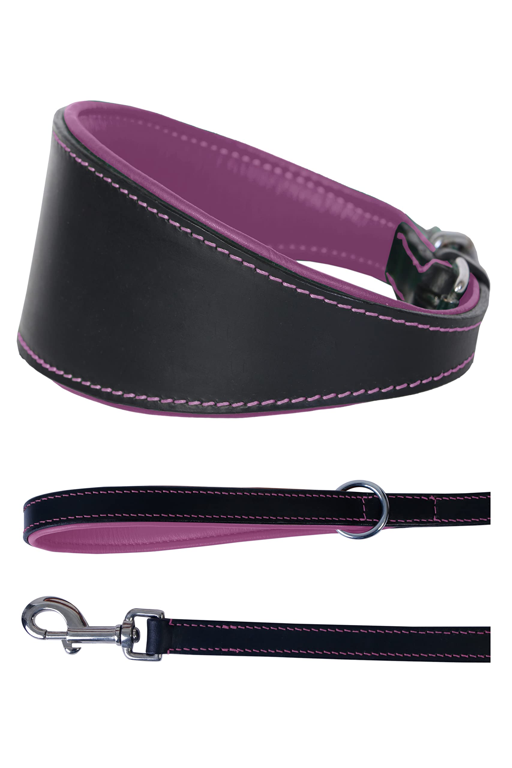 Ace Dog Collars Set - Comfy Padded Leather Collar (16" Collar – will fit 12” to 14”) + Matching Leather Lead In Black with Purple lining ~ Length 44" (110 cm). — image 1