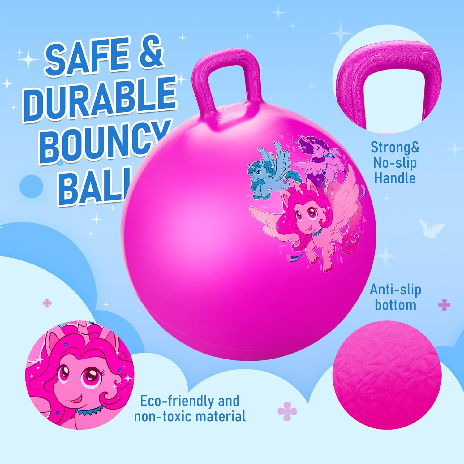 U&C Planet Hopper Ball, 18 inches Bouncy Ball with Handle for Kids Age 3-6, Hoppity Hop Sit and Bounce Jumping Hopping Toys with Pump & Gift Box, Great Gift for Boys Girls, Pink Unicorn