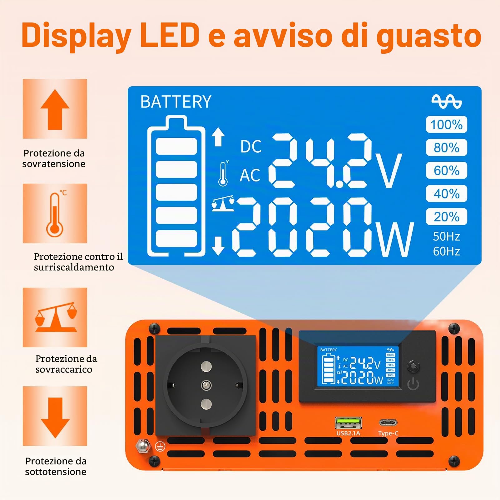 DATOUBOSS Inverter 24v 220v/230v Onda Pura 2000W/4000W, Inverter Onda Pura 2000W, Convertitore 24v 220v 2000w con LCD Display & Type-C e 1 presa AC e 1 Porta USB per Auto,Camion, Camper