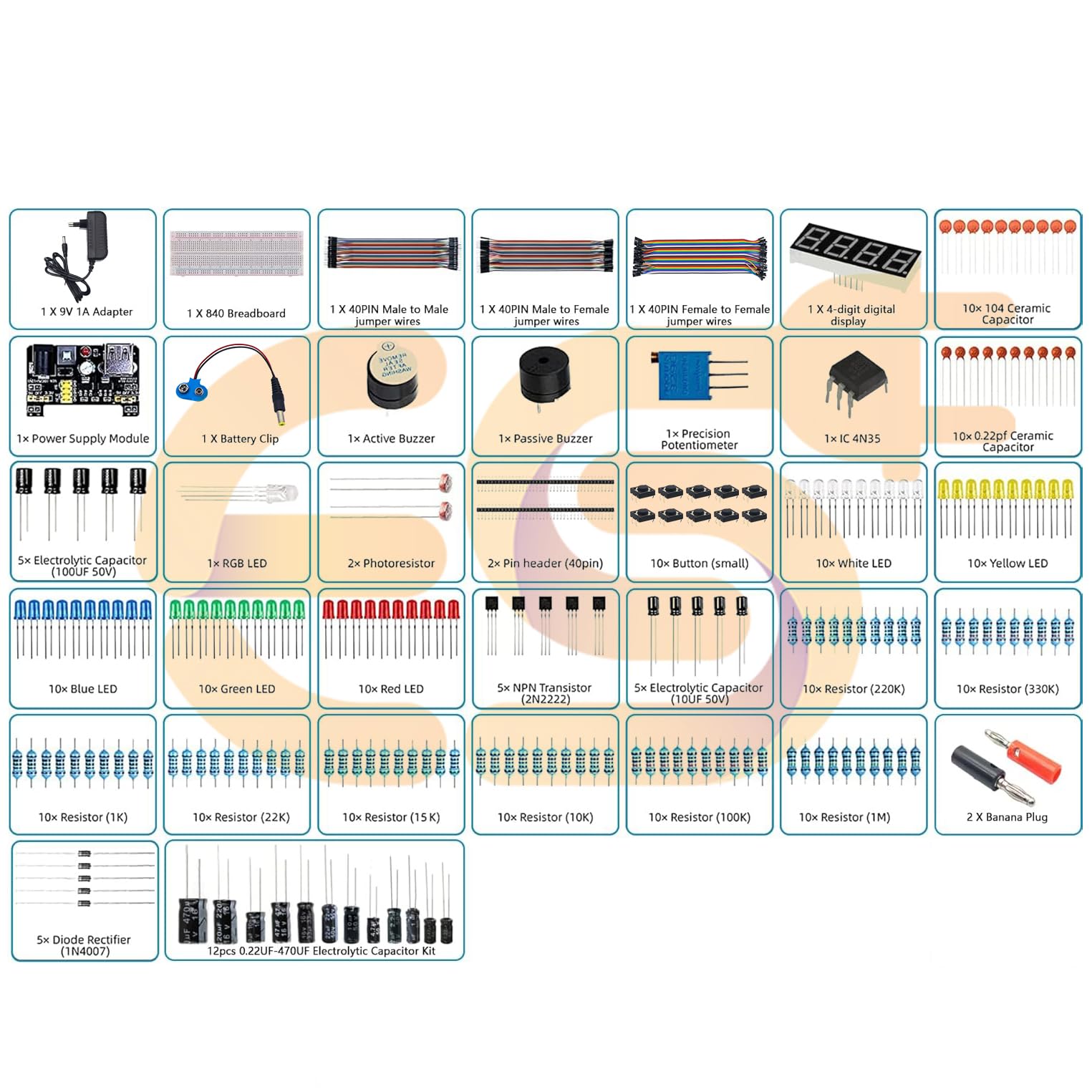 Electronic Spices Basic Starter Kit with Capacitor,Diode,Resistor,Transistor, Jumper Wire, 830 Breadboard (350 Item), Assorted - Image 2 thumbnail