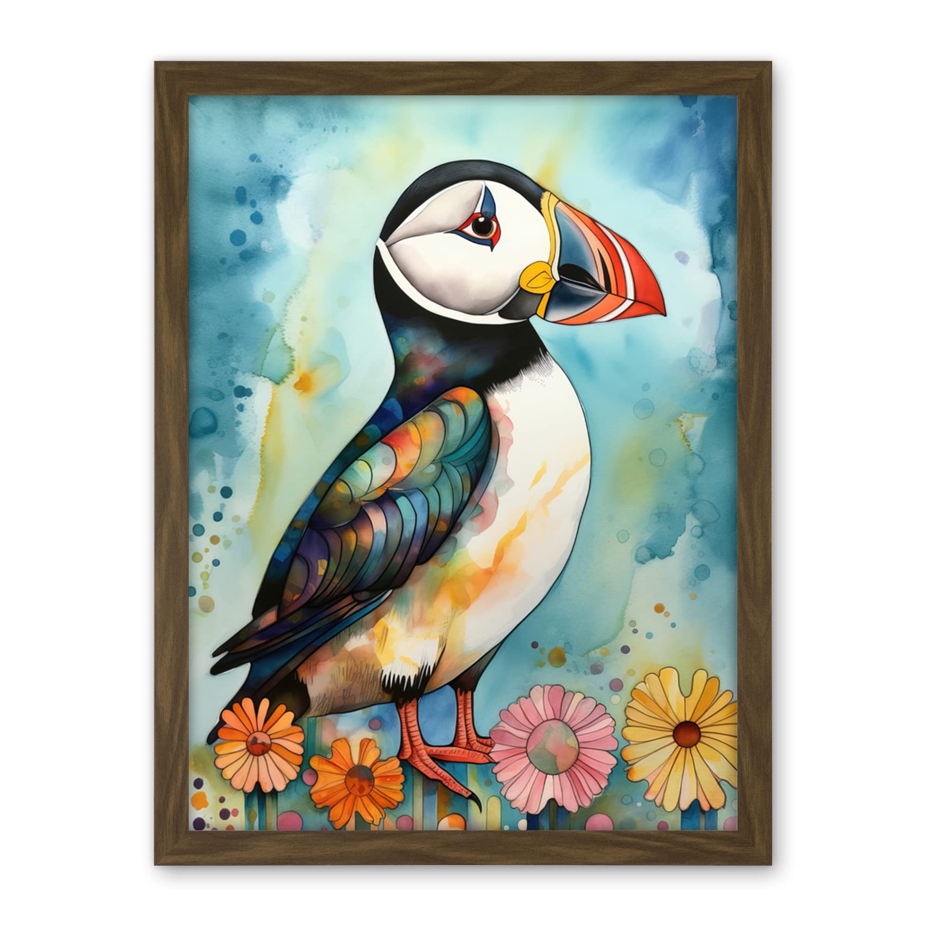 Artery8 Puffin Bird With Flowers Folk Art Artwork Framed Wall Art Print 18X24 Inch