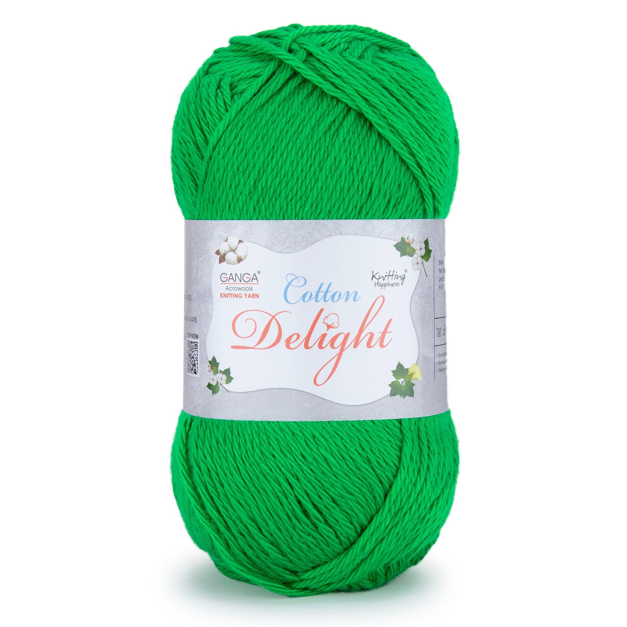 Ganga Acrowools Cotton Delight, Dk Weight Cotton Yarn, Oekotex Class L Certified 100G, 169M, Pack of 1 Ball - 100gm Each, Shade No. - COD053 - Shamrock Green