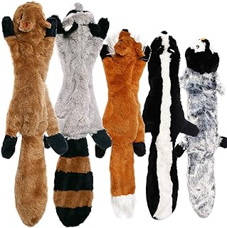 CNMGBB No Stuffing Dog Toys with Squeakers, Durable Stuffingless Plush Squeaky Dog Chew Toy Set ,Crinkle Dog Toy for Medium and Large Dogs, 5 Pack（Squirrel Raccoon Fox Skunk and Penguin）, 24Inch