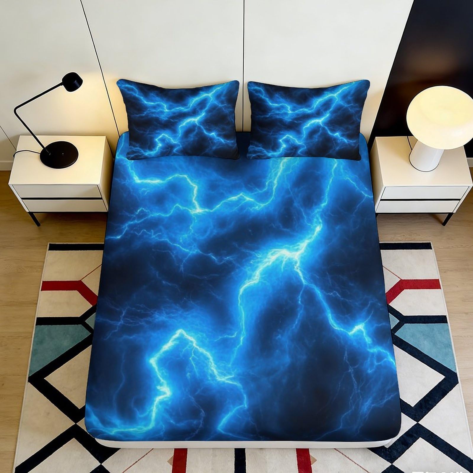 3D Printed Blue Lightning Fitted Sheet Microfiber Soft Anti-Slip Storm Thunder Mattress Cover Bedroom Decor 90x200x25cm