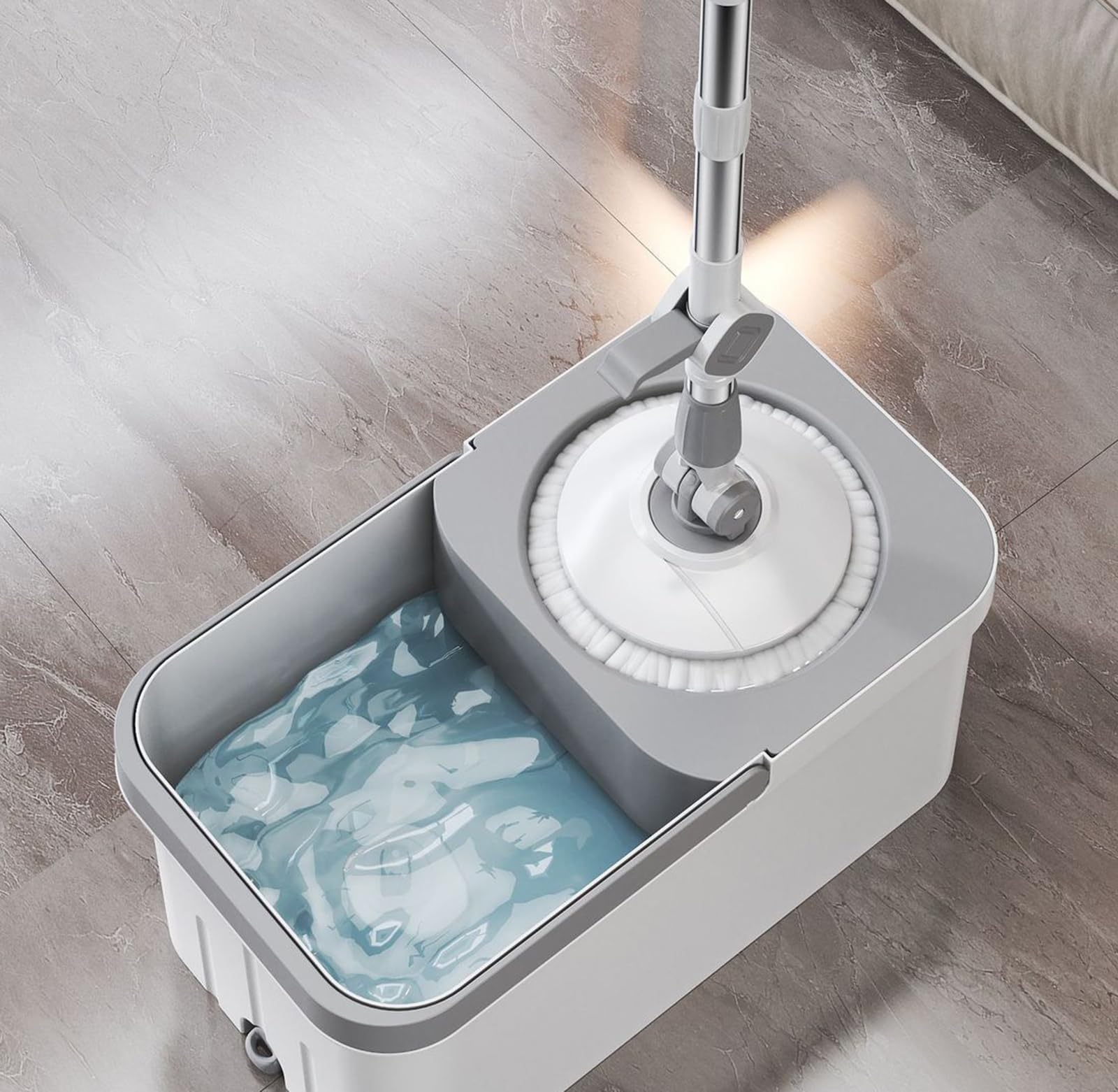 Juego de fregona giratoria y Cubo con 5 Cabezales de Microfibra de Recambio, Mango Extensible, Sistema de autoescurrido, Ideal para Todo Tipo de Suelos Duros.